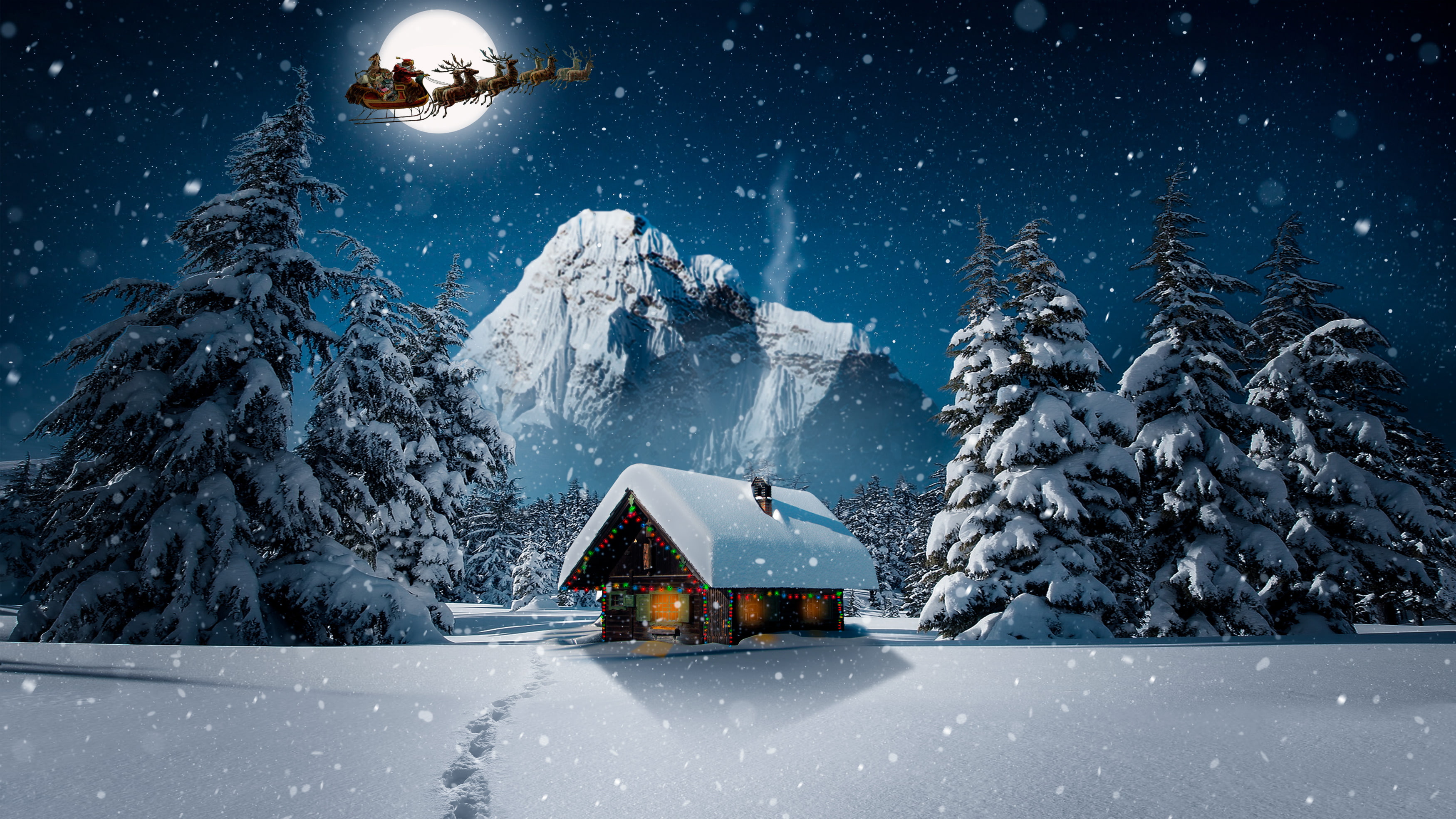 4K, Reindeer Chariot, Winter, Santa Claus, Decoration, Snowfall, Full moon, 2K, House, HD Wallpaper