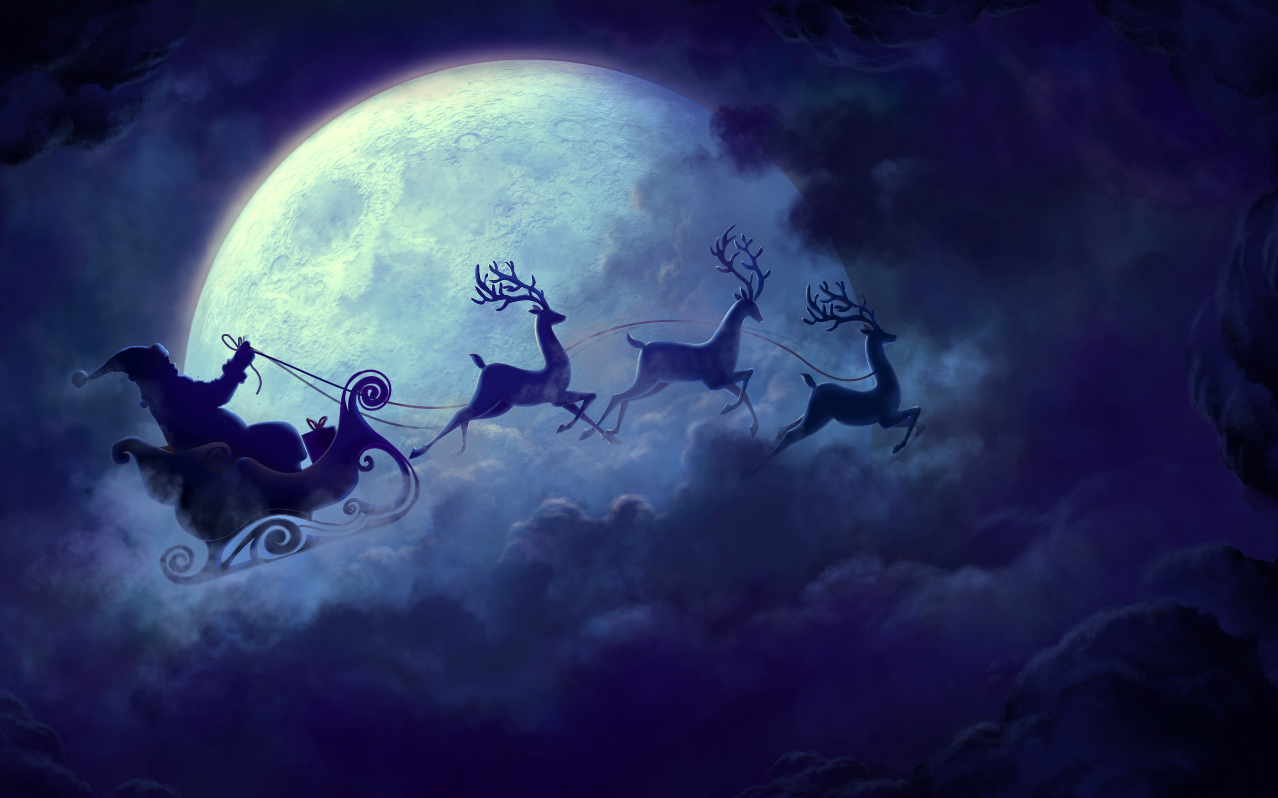 2K, Santa Claus, Full moon, Reindeer Chariot, HD Wallpaper