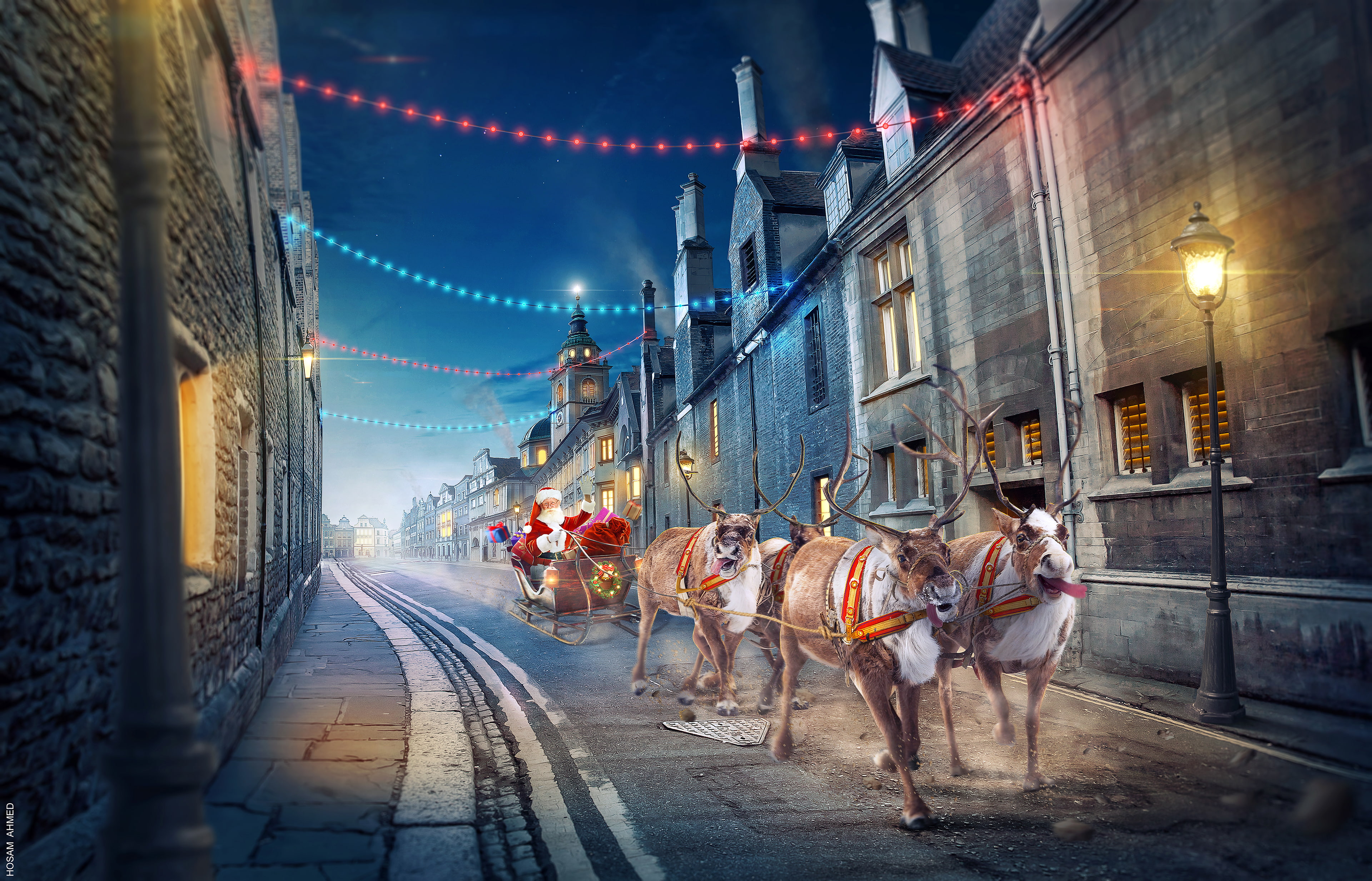Street, 4K, Night, 4K, Santa Claus, Reindeer Chariot, HD Wallpaper
