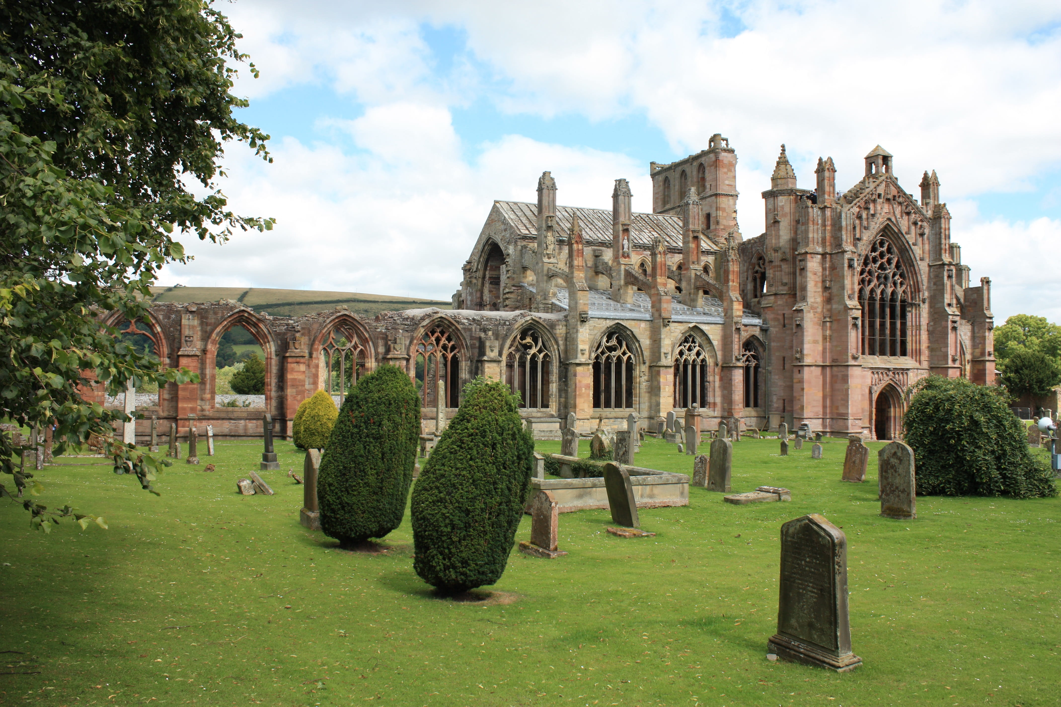 old, nature, historical, grass, day, cloud - sky, decay, stonework, travel, hedge, tree, garden, travel destinations, scotland, arch, topiary, melrose abbey, HD Wallpaper