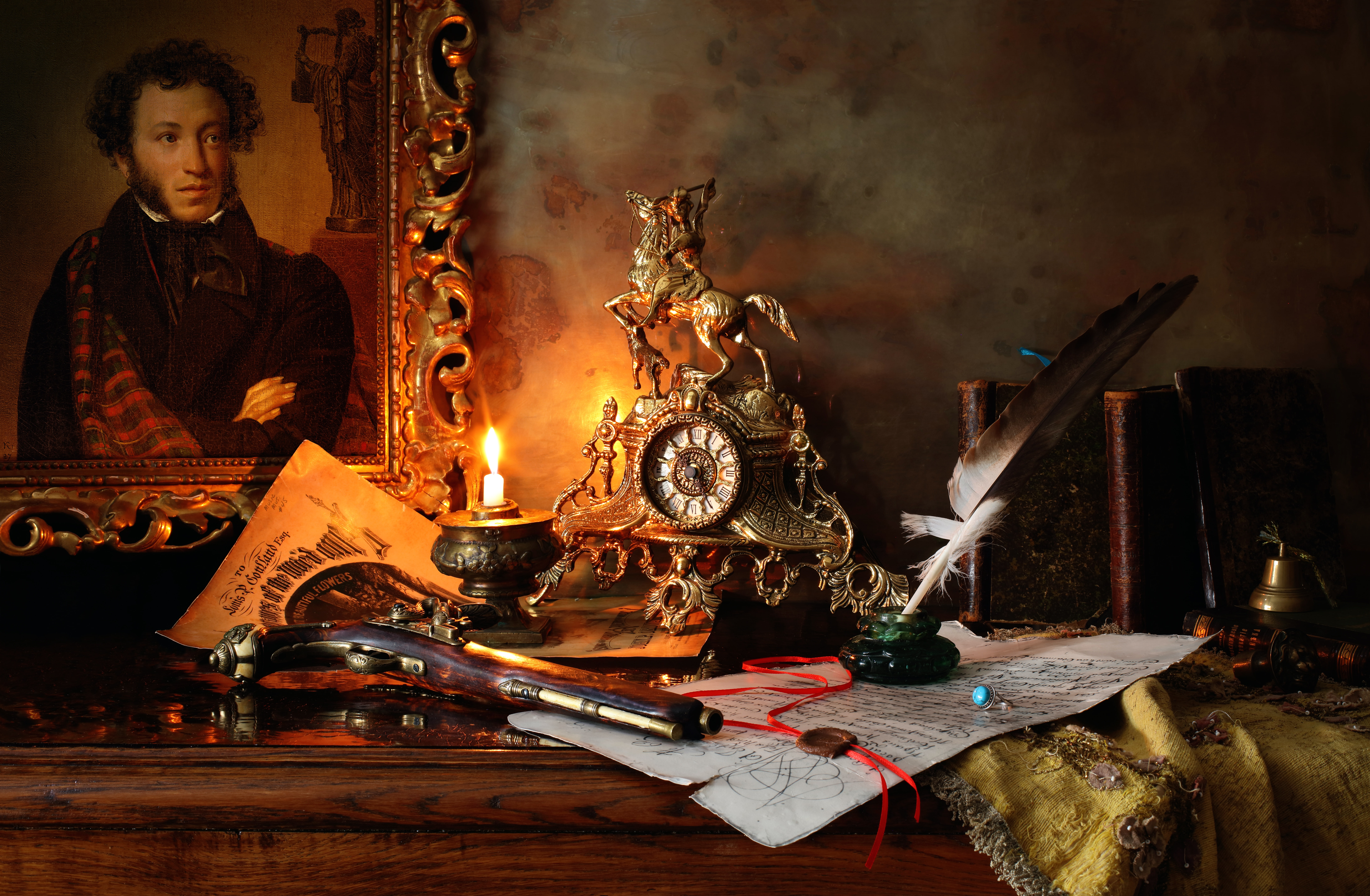 ink, table, picture, the manuscript, analog, pen, clock, 8K, gun, gold, Pushkin, HD Wallpaper