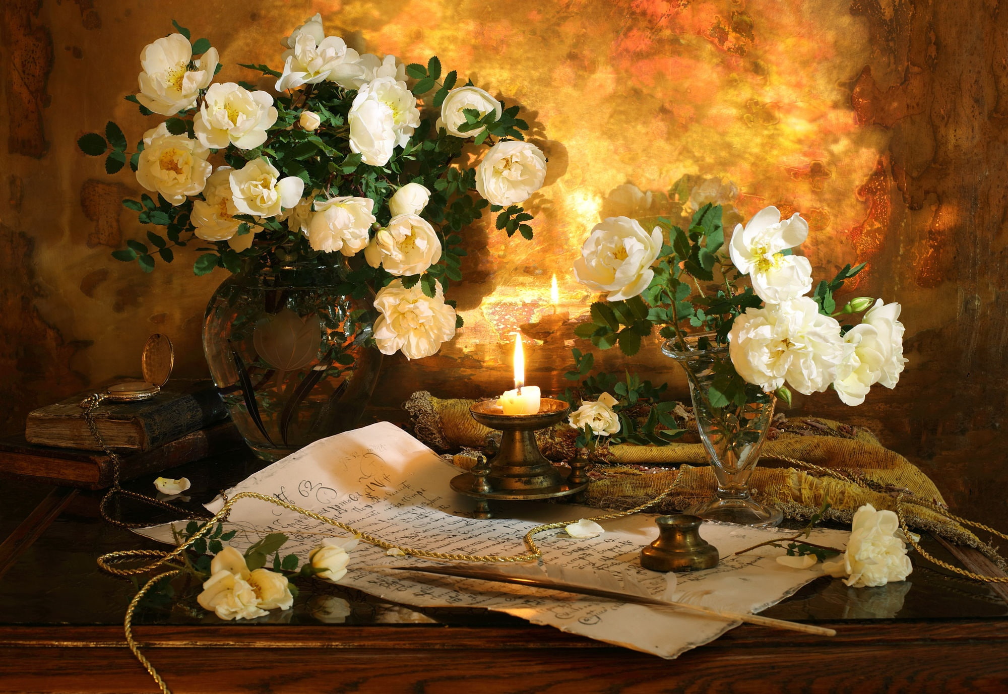 pen, candle, still life, 1080P, the manuscript, roses, ink, HD Wallpaper