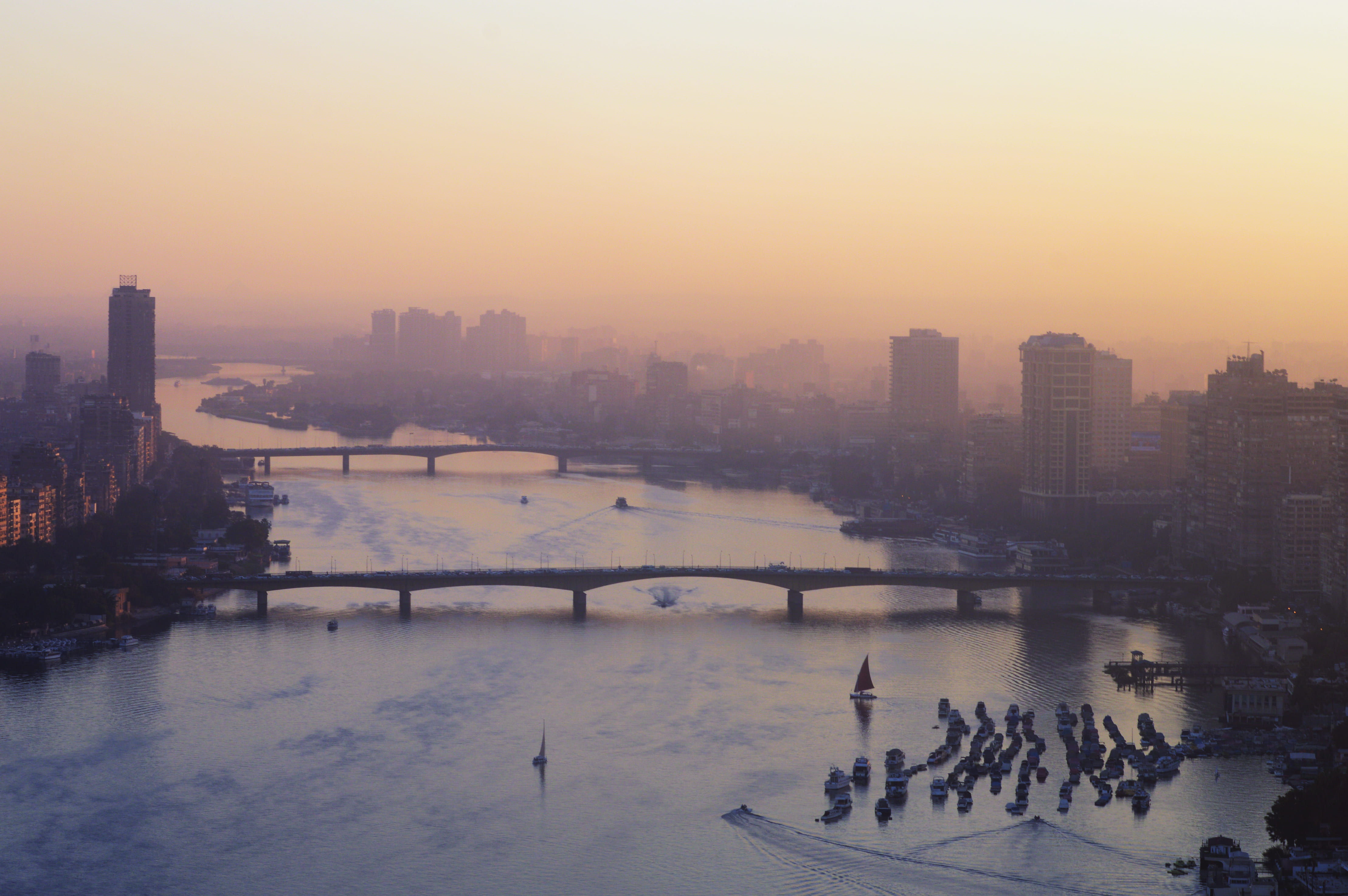 sunset, middle east, cairo, high, architecture, tower, skyscrapers, heights, bridges, river, sail, sky, office building exterior, high angle view, city life, HD Wallpaper