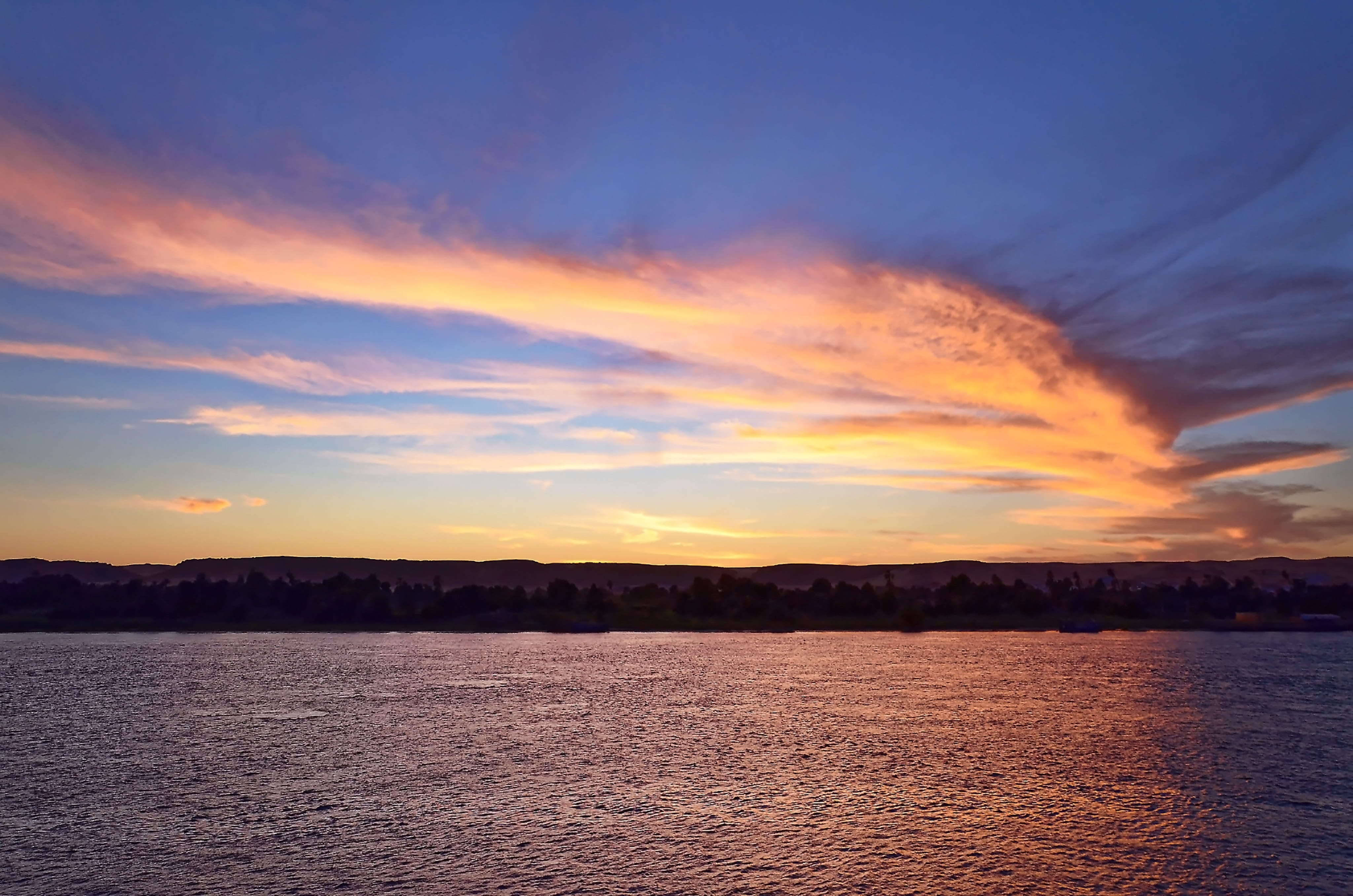 non-urban scene, egypt, scenics - nature, waterfront, water, sunset, cloud - sky, outdoors, travel, orange color, no people, tranquility, beauty in nature, HD Wallpaper