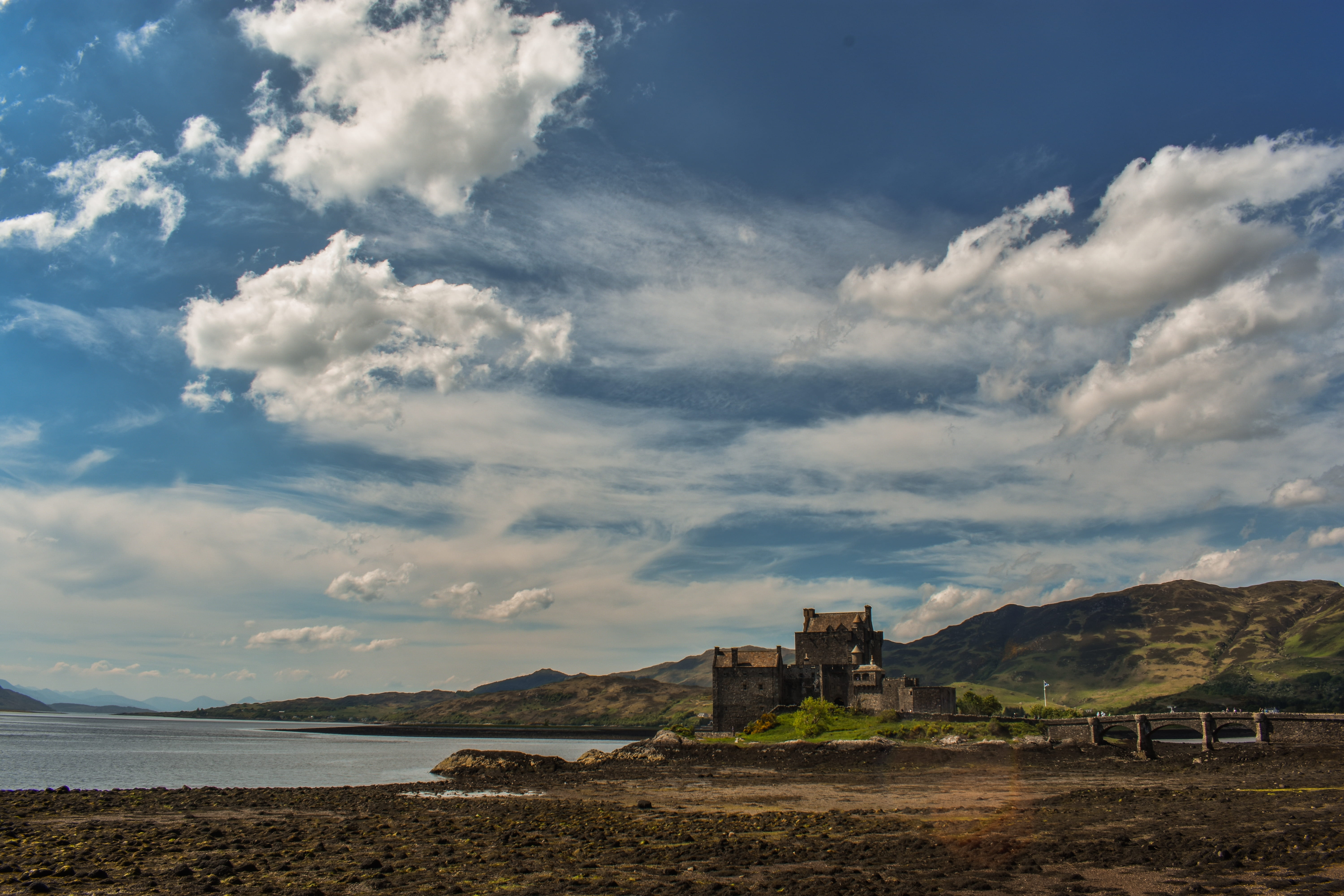 scotland, building exterior, castle, history, eilean, building, built structure, sun, landscape, ancient civilization, cloud, outdoors, donan, body, scenic day, HD Wallpaper