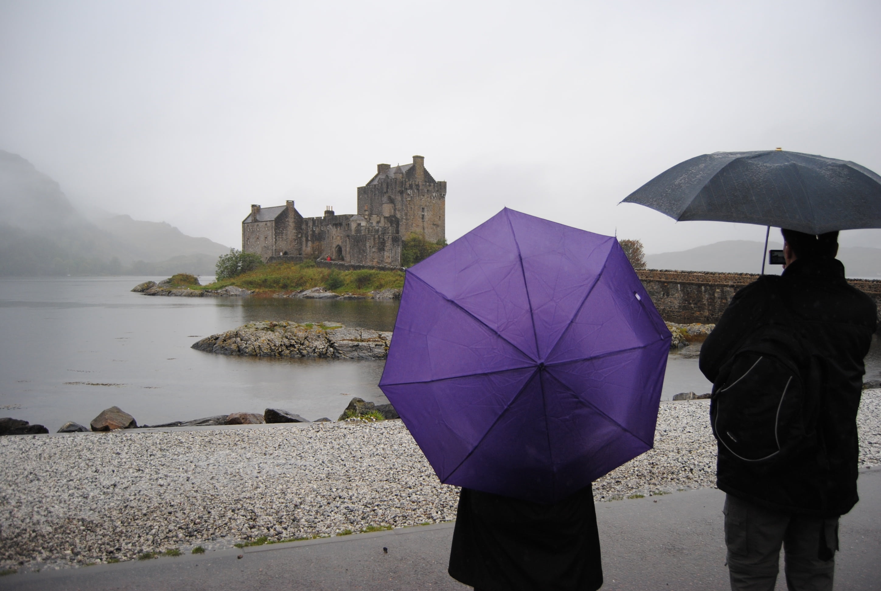 castle, sky, built structure, outdoors, men, wet, scotland, storm, building exterior, people, rainy season, 2K, rear view, real people, day, architecture, HD Wallpaper