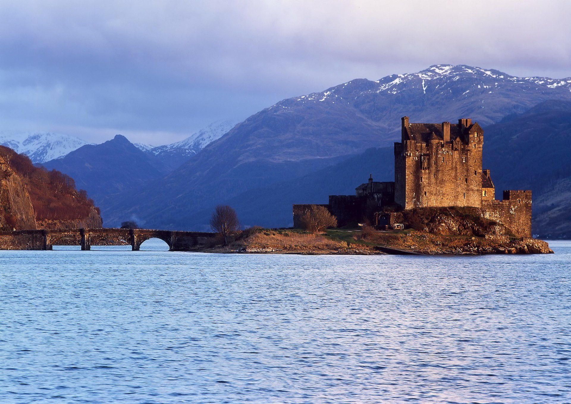 Bridge, Castles, history, sky, built structure, Mountain, nature, cloud - sky, architecture, water, scenics - nature, snowcapped mountain, travel destinations, HD Wallpaper