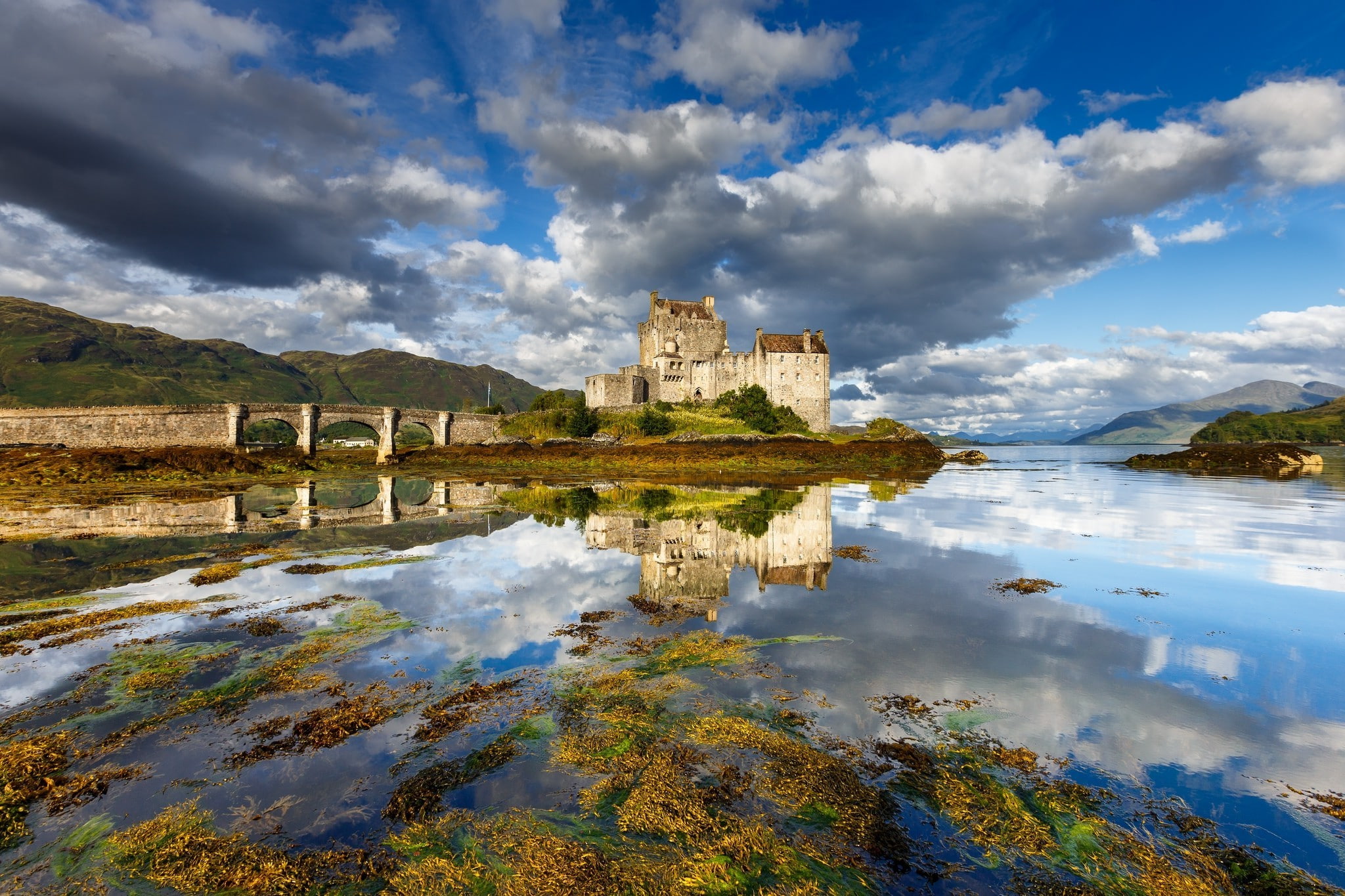 history, water, clouds, landscape, bridge, architecture, the past, outdoors, scenics - nature, 1080P, day, lake, travel destinations, Eilean Donan, no people, HD Wallpaper