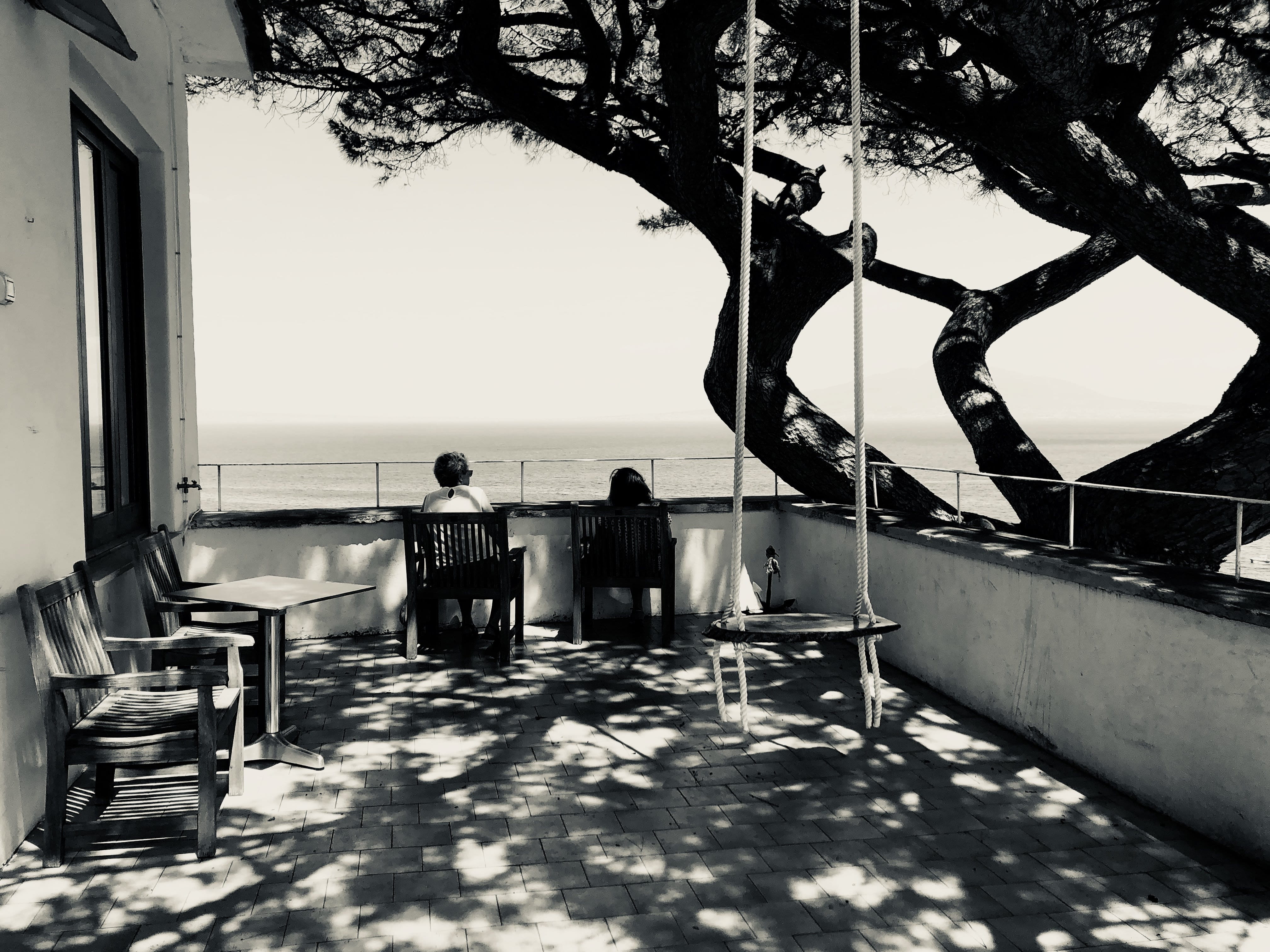 sorrento, relaxation, day, table, thought, watching, tree, sea, horizon, water, leisure activity, italian, seat, men, sky, women, shadows, artistic, chair, HD Wallpaper