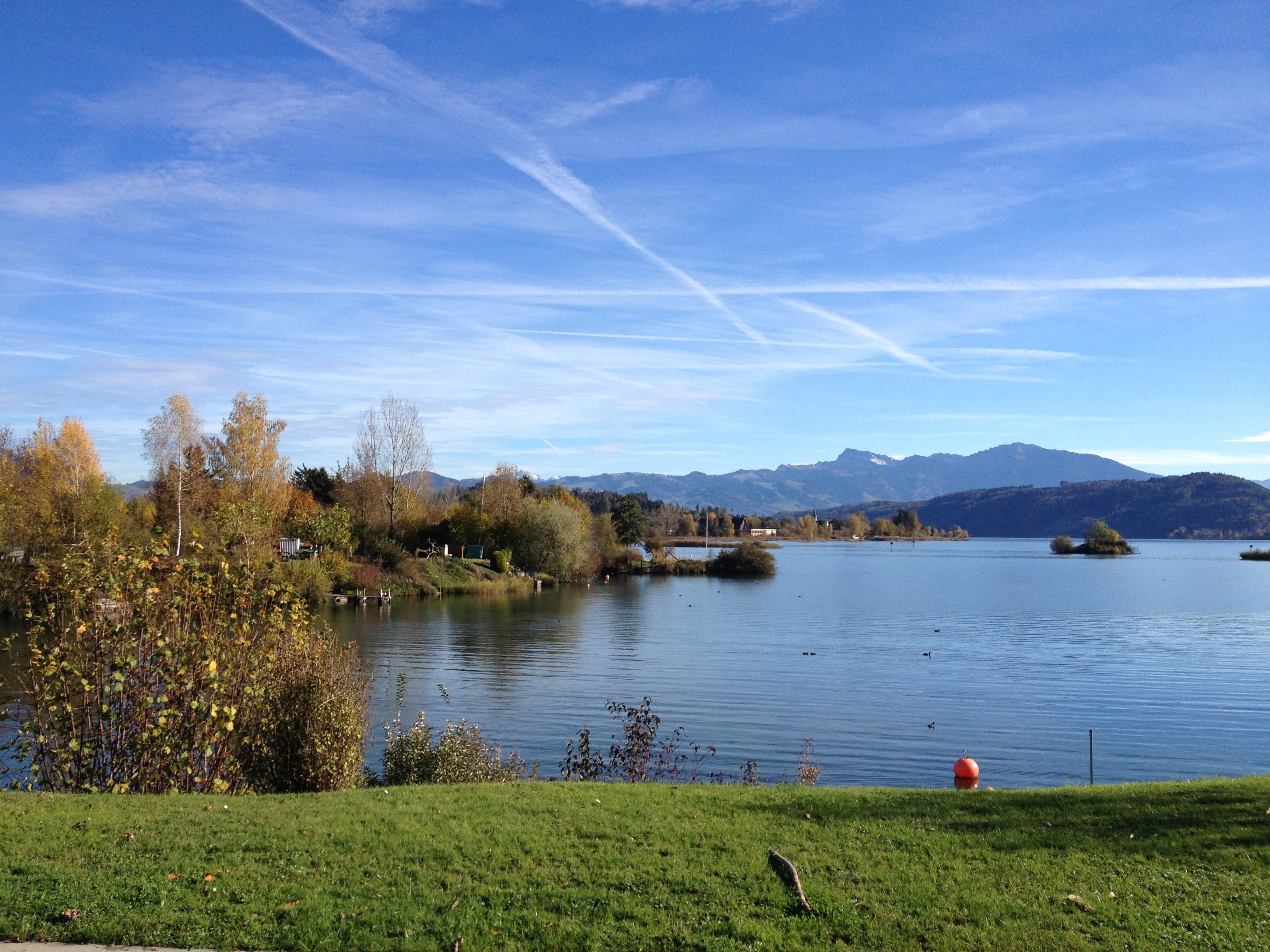 day, View, sanderson, jona rapperswil, no people, grass, vapor trail, contrail, autumn, landscape, distant view, scenics, blue, tranquility, landscapes, HD Wallpaper