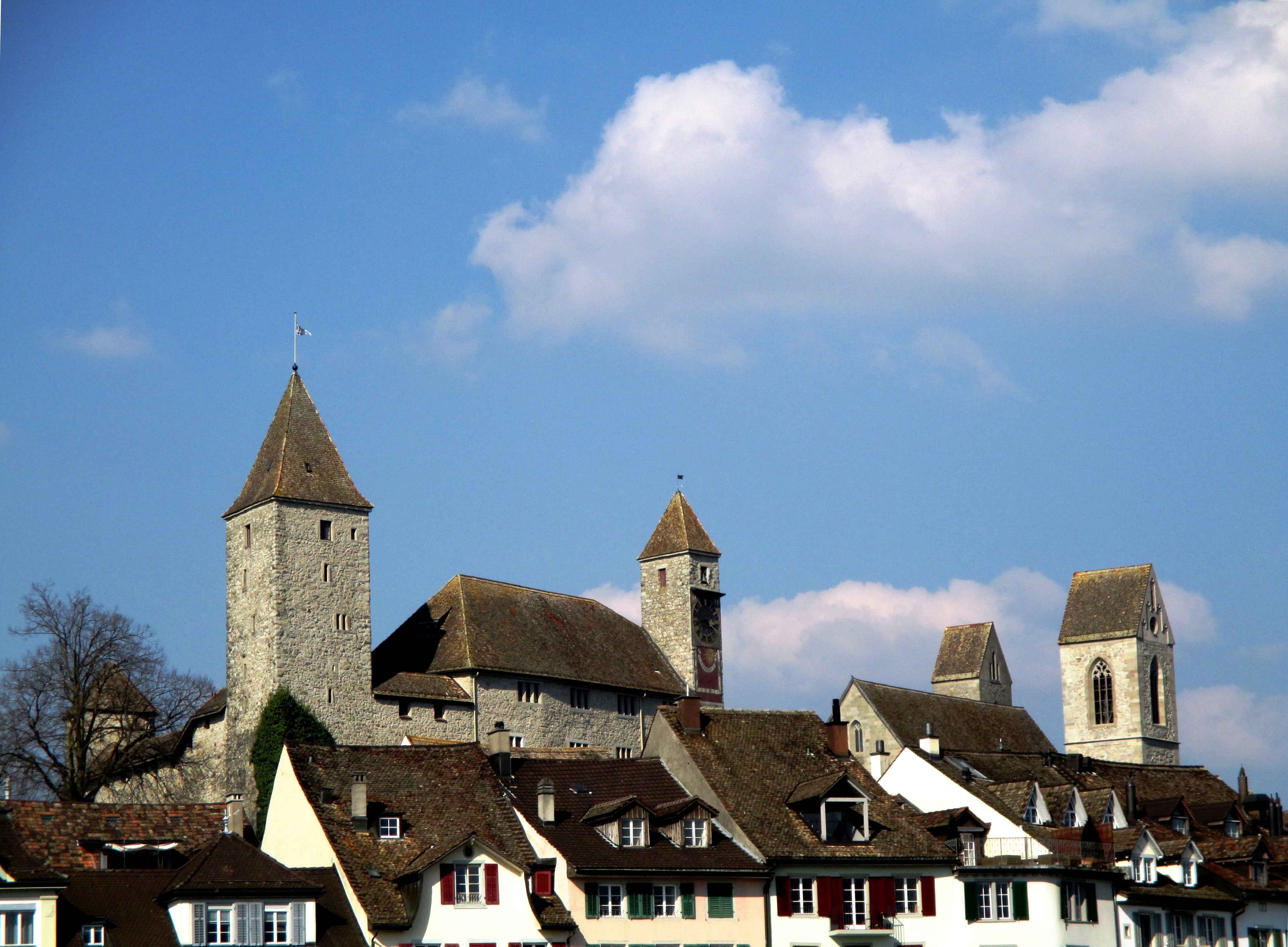 built structure, nature, old town, cloud - sky, sky, tower, roof, rapperswil jona, religion, architecture, 4K, building exterior, no people, outdoors, HD Wallpaper