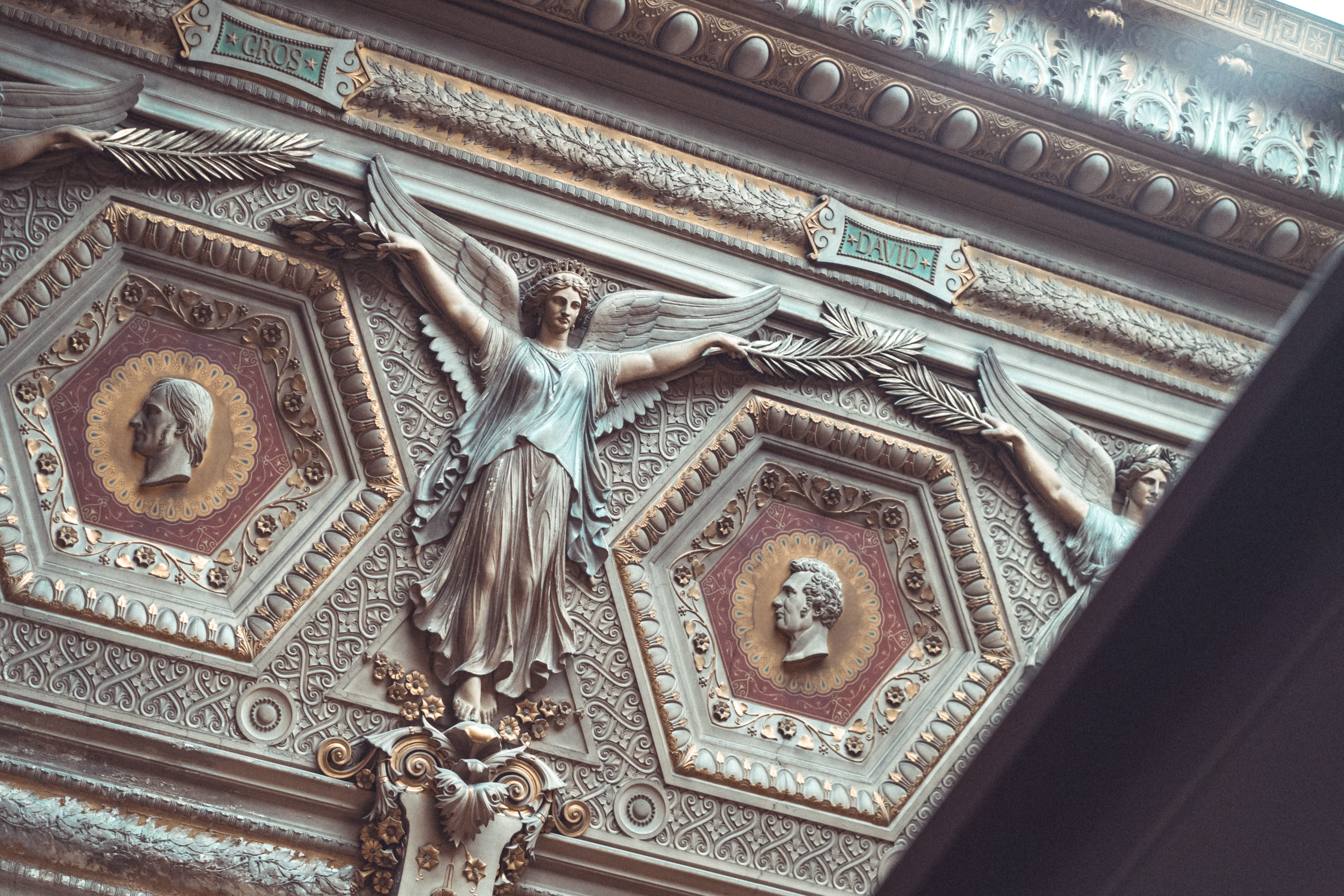 museum, building, creativity, architecture, building exterior, paris, angel, ornate, statue, 5K, spirituality, place of worship, art and craft, louvre museum, HD Wallpaper