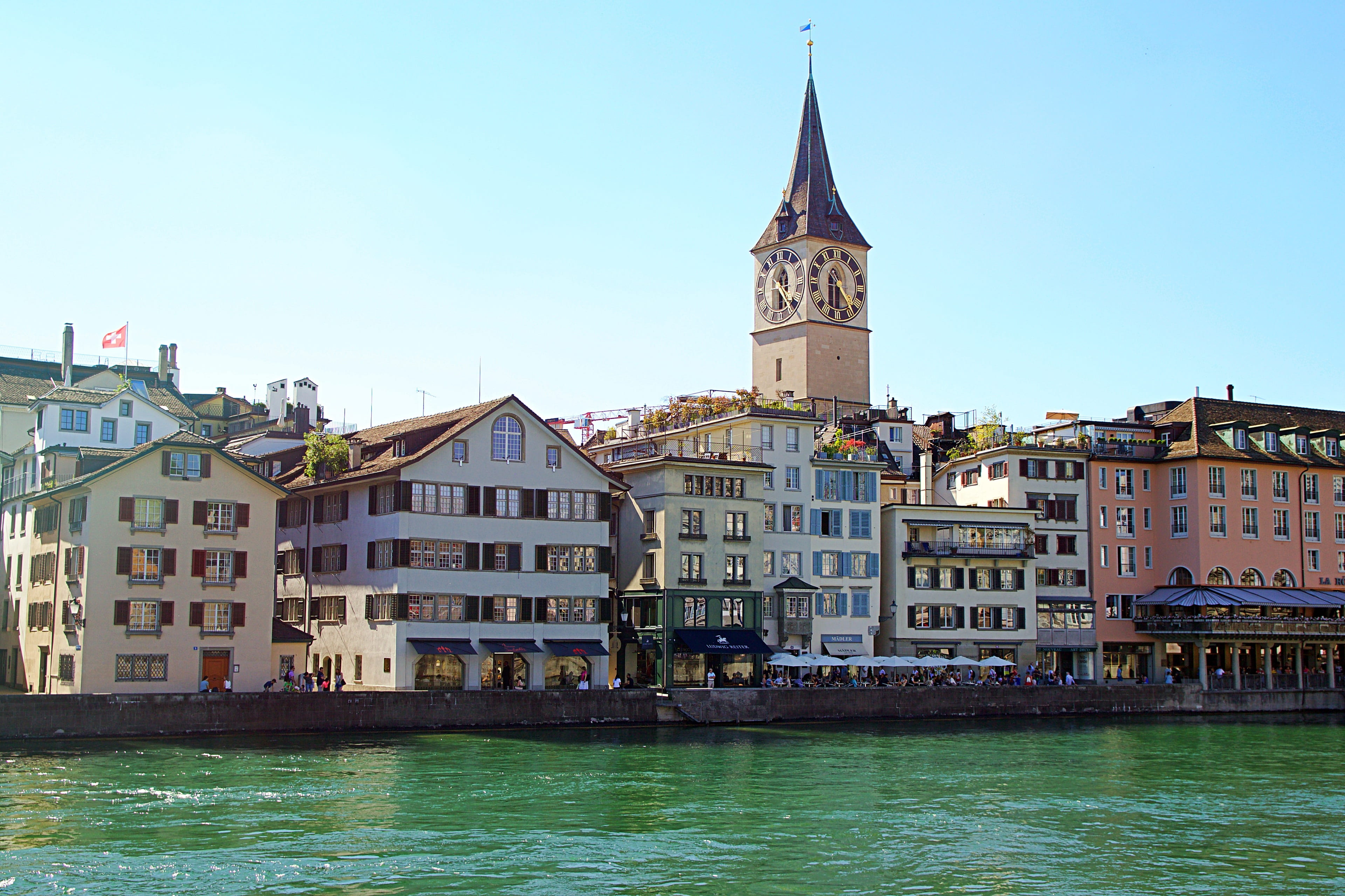 outdoors, promenade, spire, bank, zurich, day, city, old building, belief, building, limmat, blue sky, building exterior, lake, travel destinations, no people, HD Wallpaper