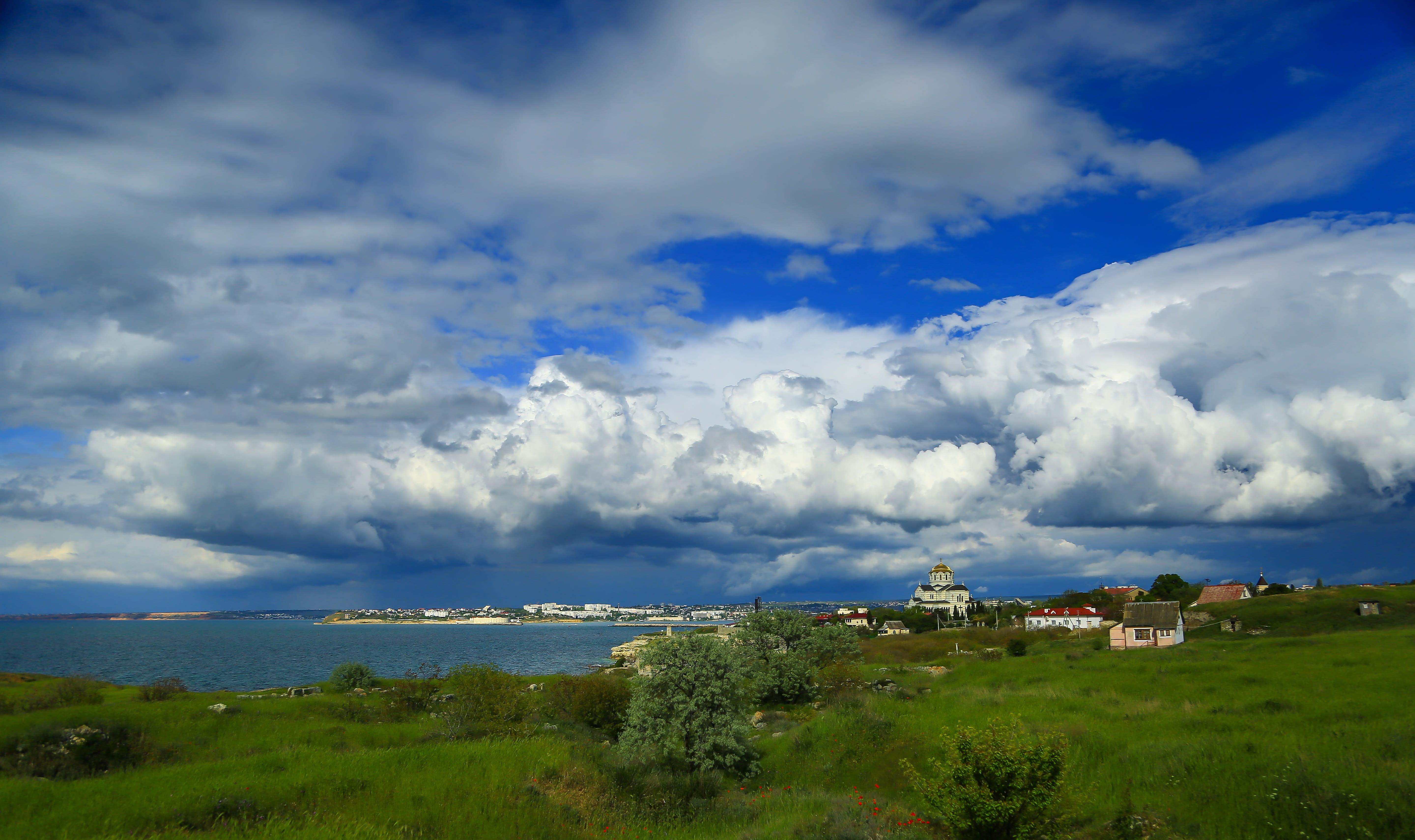 Crimea, freshness, Clouds, grass, land, sun behind the clouds, no people, seascape, inspiration, old town, landscape, hersonissos, history, partly cloudy, HD Wallpaper
