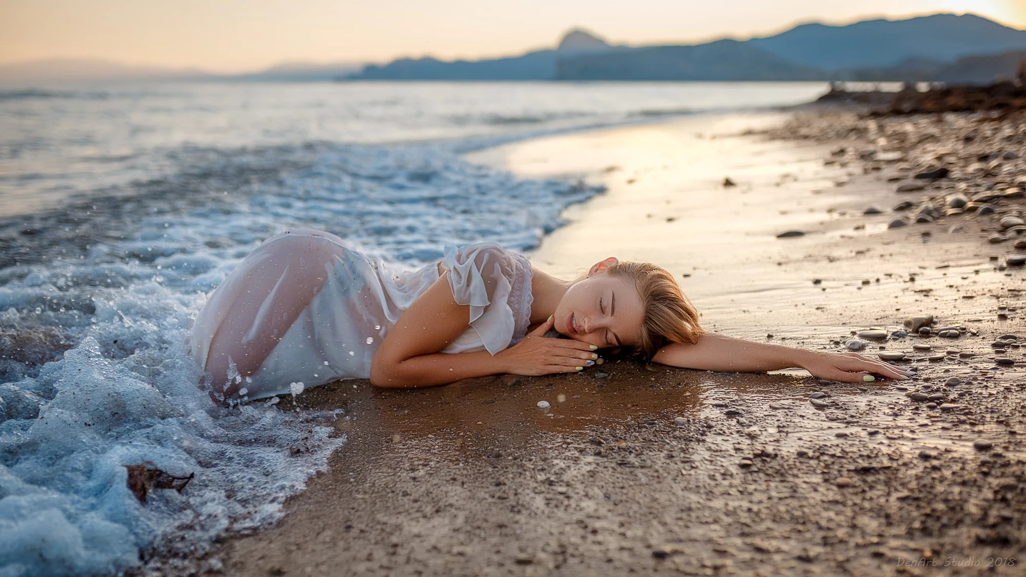 Kate, Denis Budniak, beach, 1080P, shore, water, Girl, lies, wet, hair, wave, HD Wallpaper