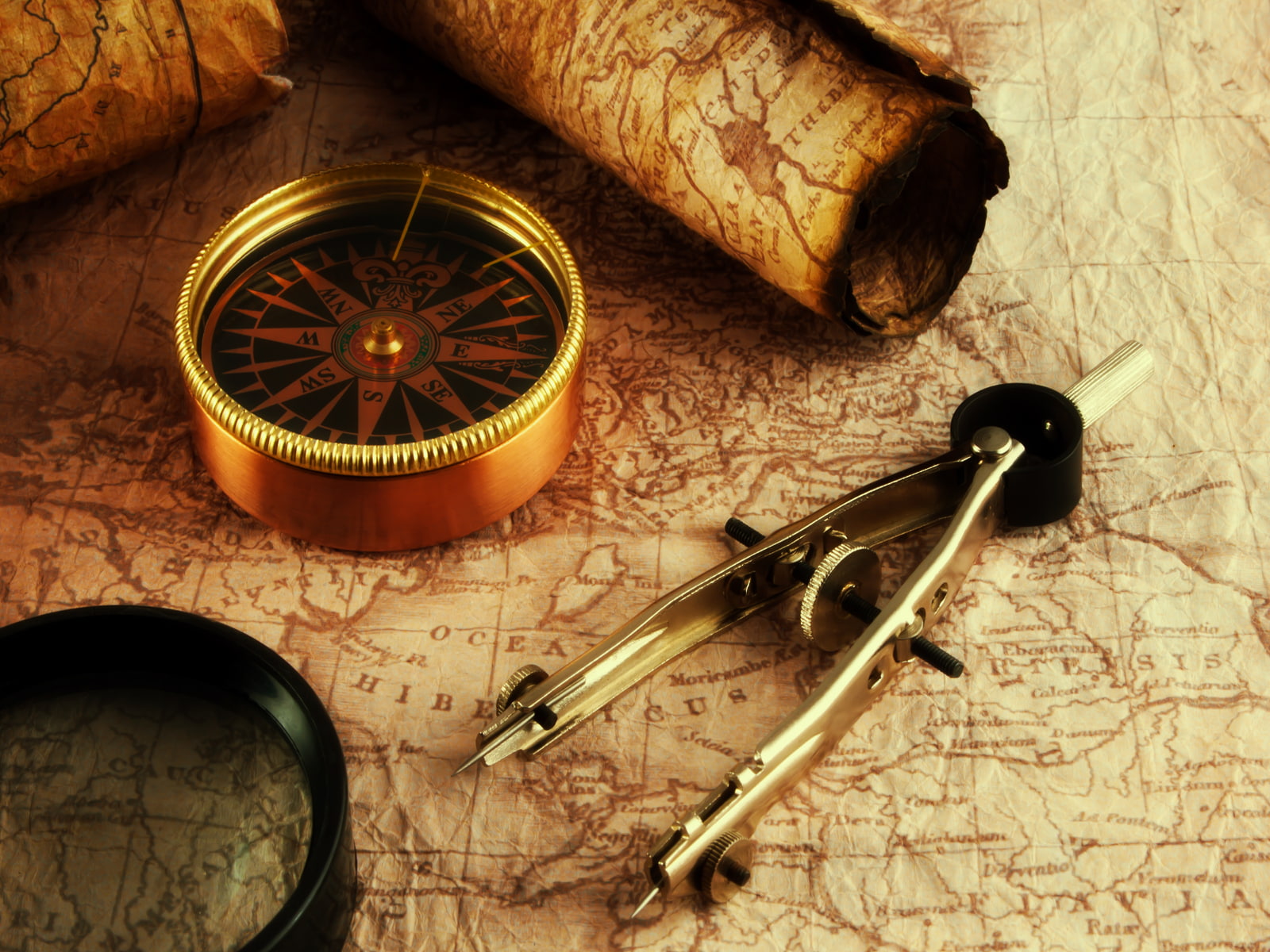 720P, map, compass, treasure, adventure, rose, HD Wallpaper