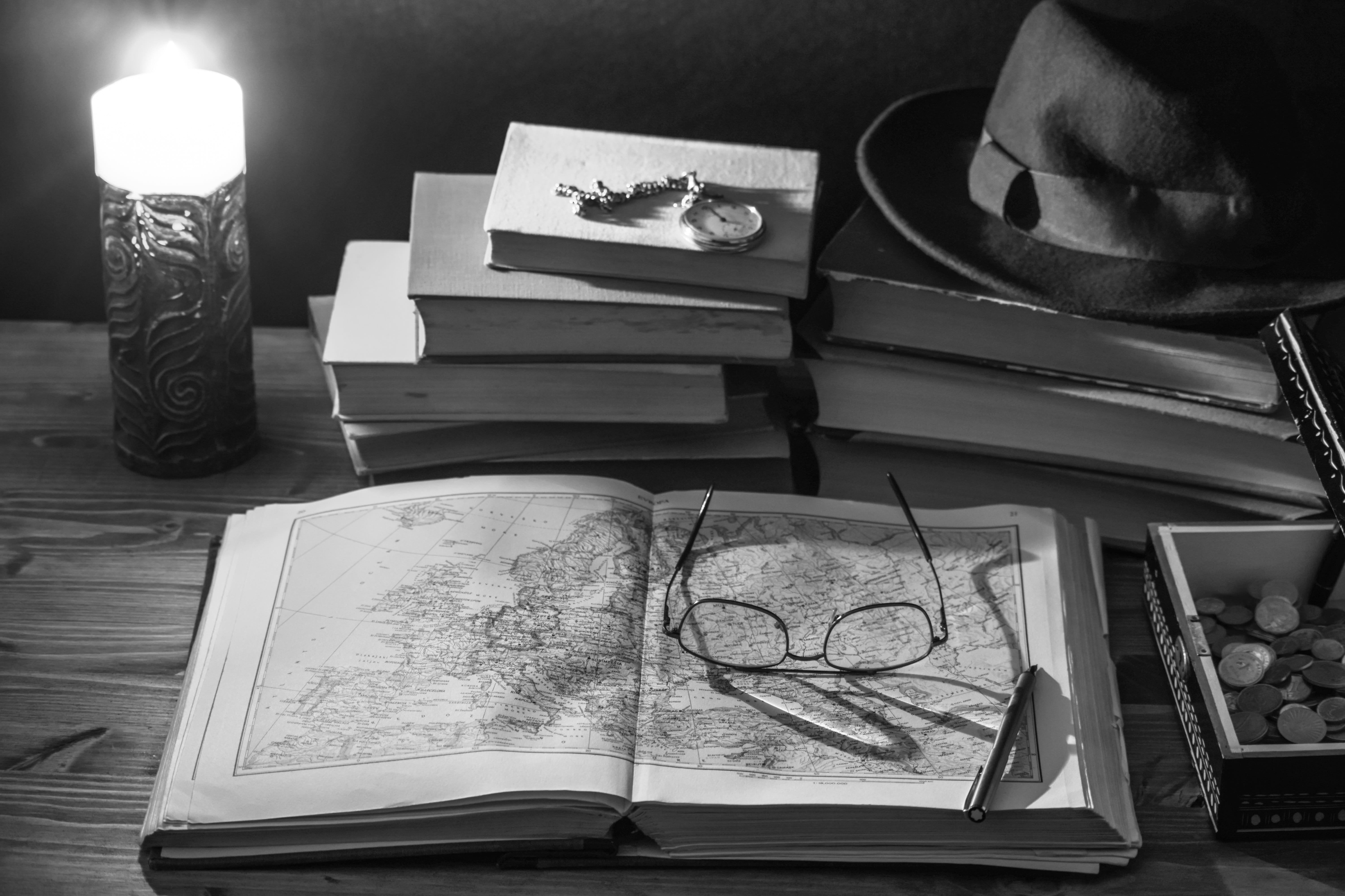 atlas, eyeglasses, paper, photos, headshot, real people, candle, watch, book, books, vintage, old map, map, 5K, human body part, body part, table, notebook, HD Wallpaper