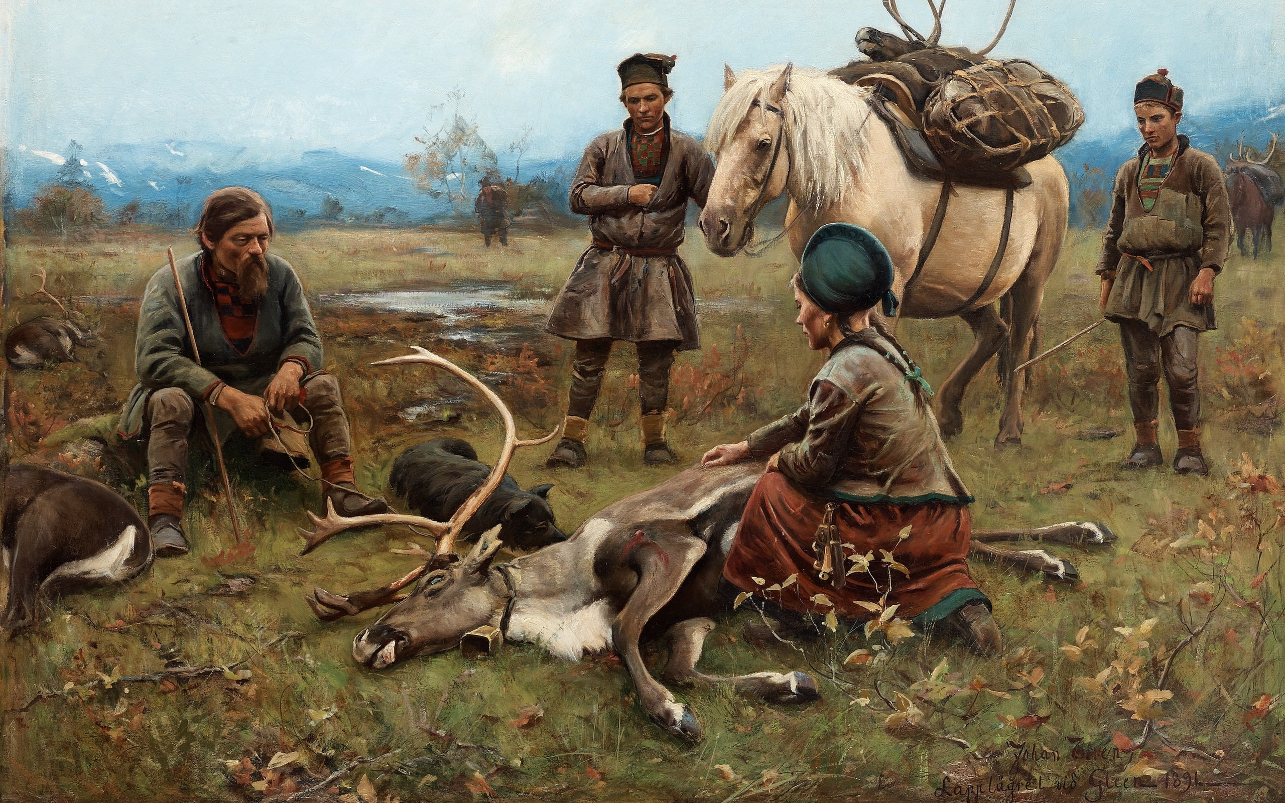2K, Swedish painter, Johan Tieran, Shooting deer, The Laplander Camp at Gleen, 1891, Swedish artist, Johan Tiren, HD Wallpaper