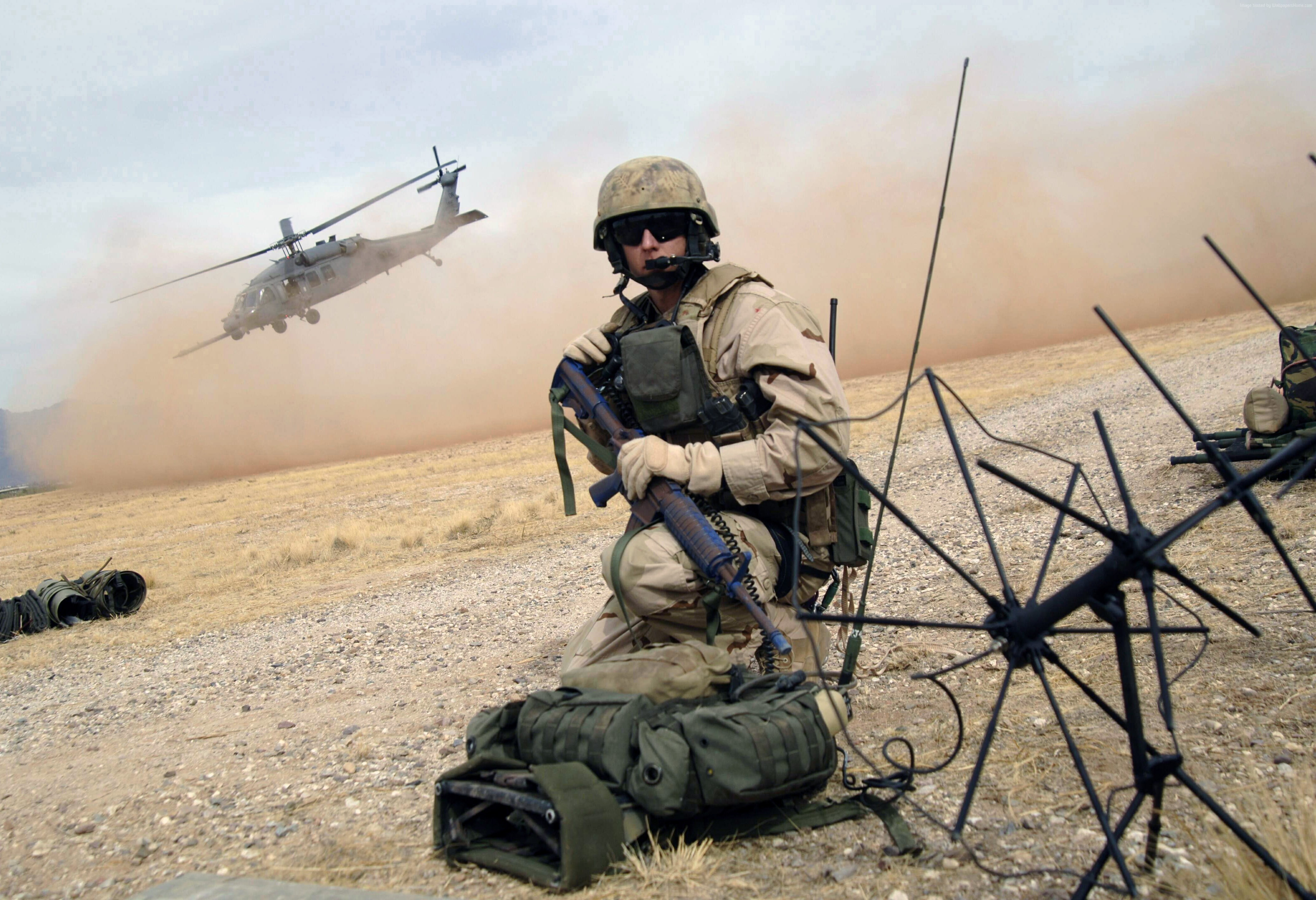 rescue mission, U.S. Air Force, helicopter landing, 4K, assault rifle, soldier, HD Wallpaper