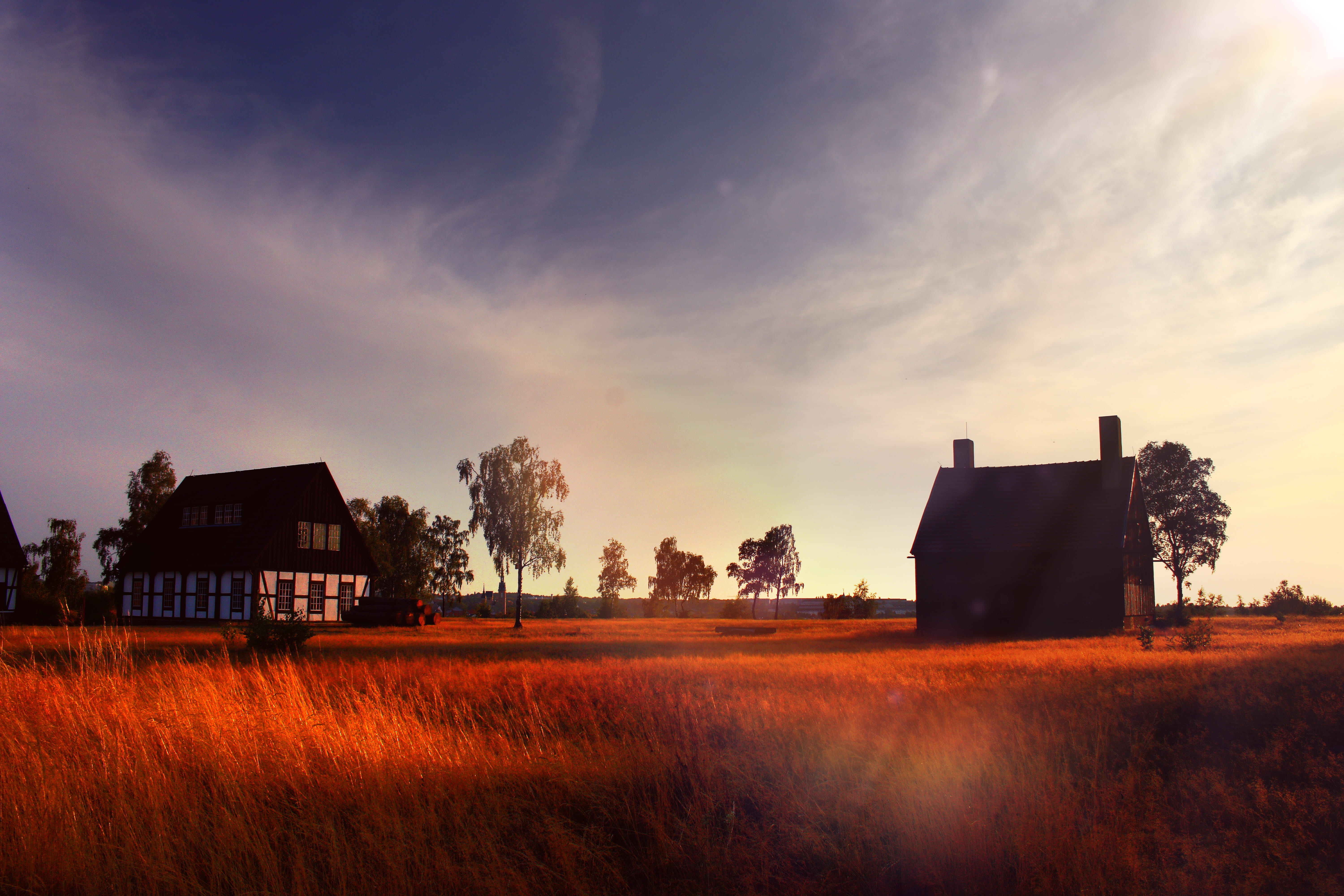 agricultural building, twilight, mystical, mood, built structure, grass, lighting, abendstimmung, ruined, house, residential district, sky, landscape, land, HD Wallpaper