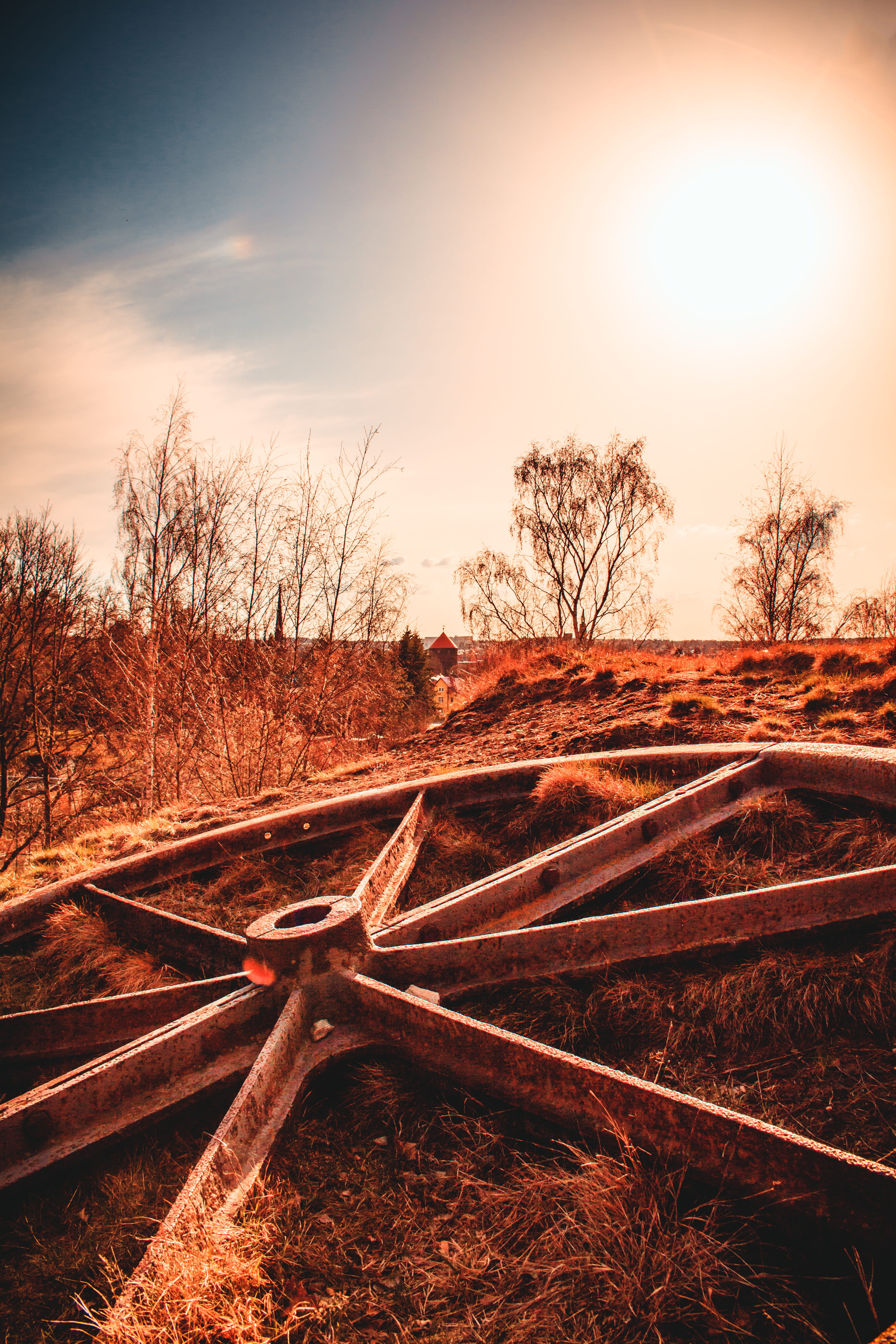 rain, field, tranquility, mining, environment, lens flare, land, orange color, non-urban scene, weather, nature, fachwerkhaus, bare tree, landscape, twilight, Phone HD Wallpaper