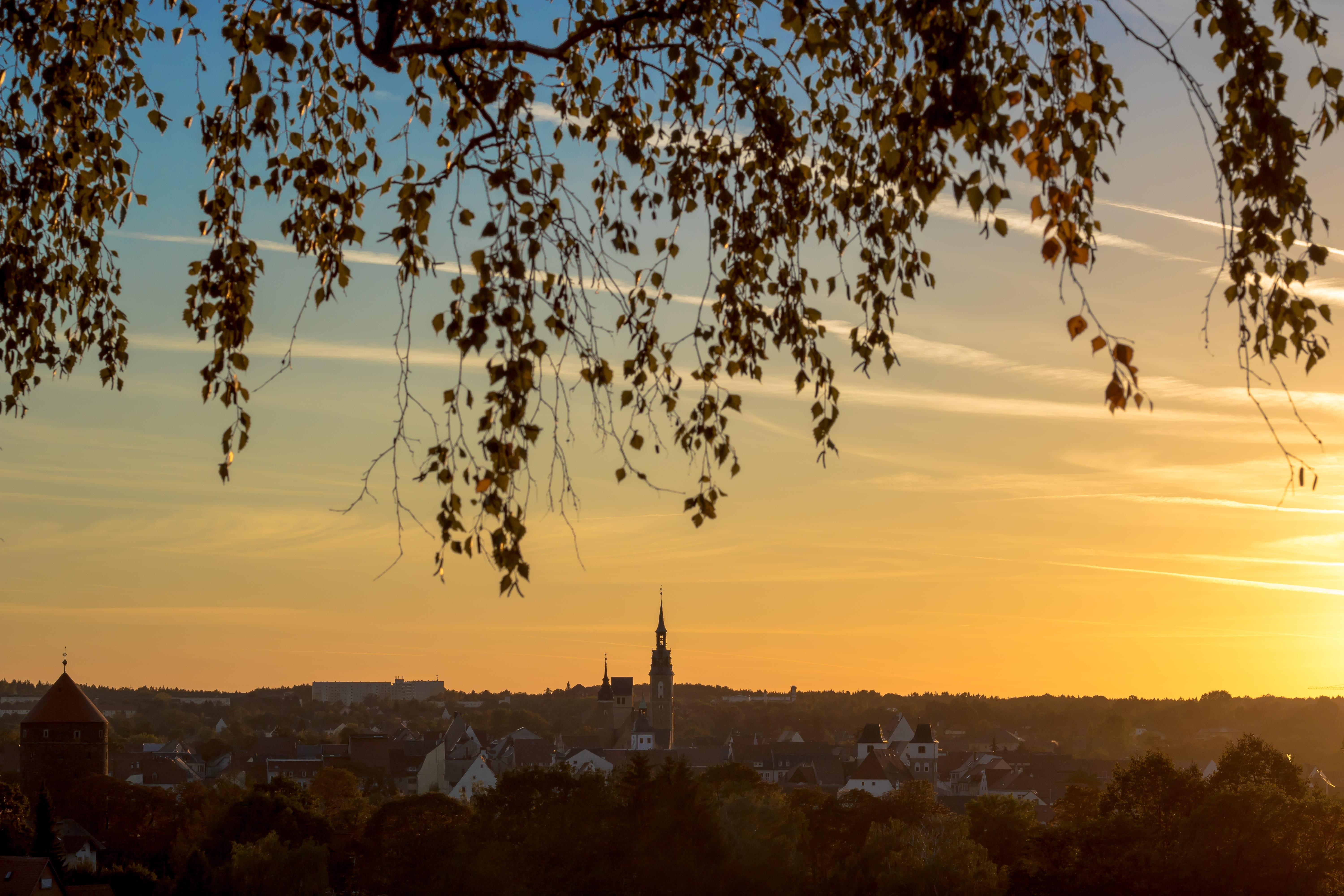 spire, 5K, cityscape, silhouette, travel destinations, tower, city, landscape, skyline, evening, building exterior, building, dusk, freiberg, built structure, HD Wallpaper