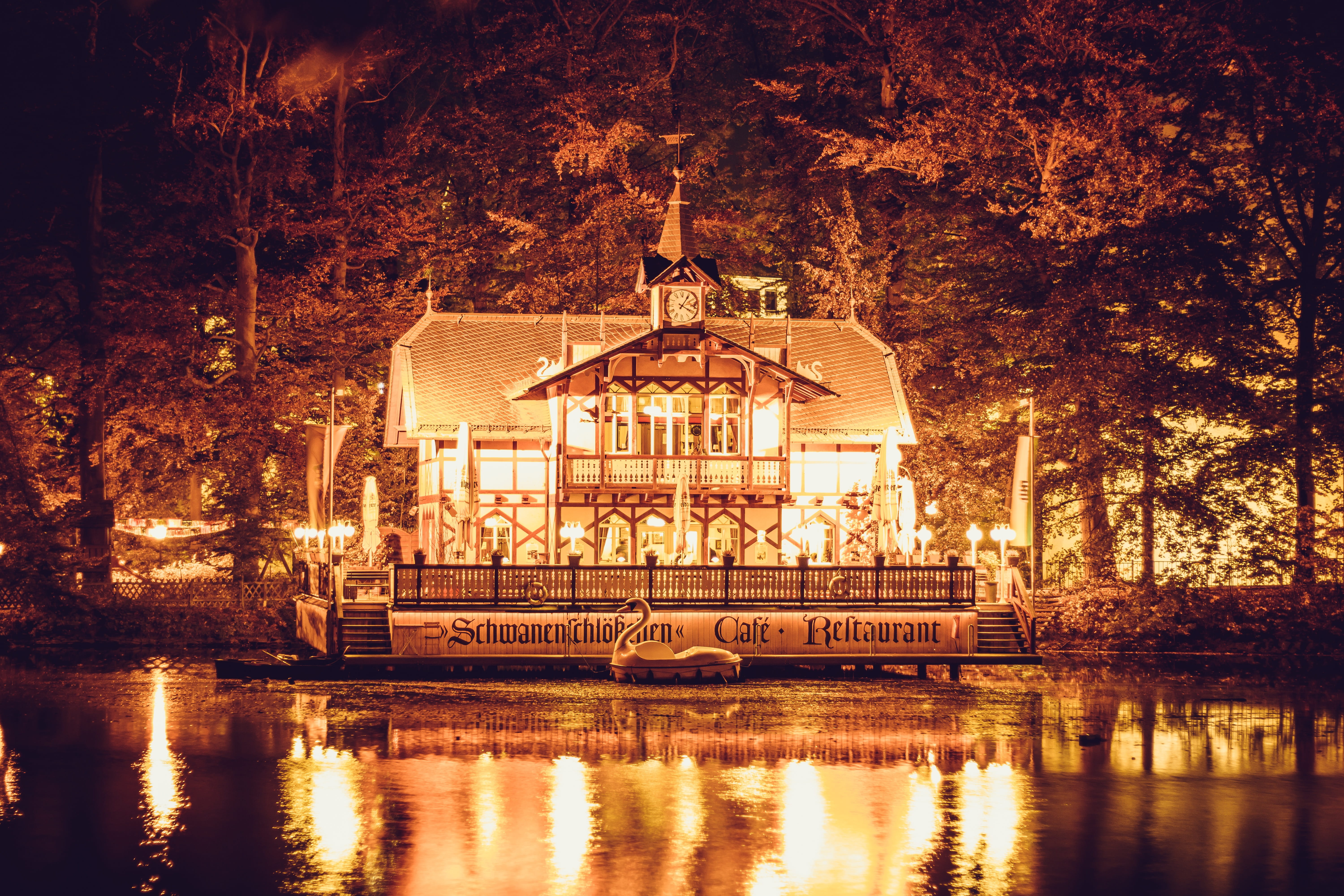 nature, tree, the past, reflection, tourism, lake, architecture, building exterior, waterfront, illuminated, shining, lamp, mood, built structure, gazebo, HD Wallpaper
