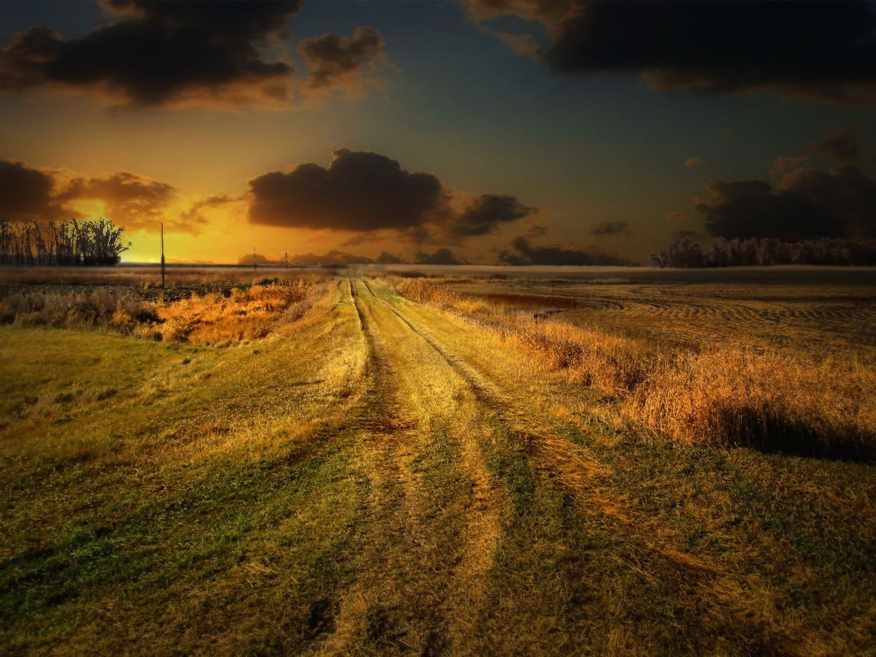 tranquility, blue, beauty in nature, environment, green, road, tranquil scene, landscape, pathway, 720P, the way forward, trail, field, orange, no people, HD Wallpaper