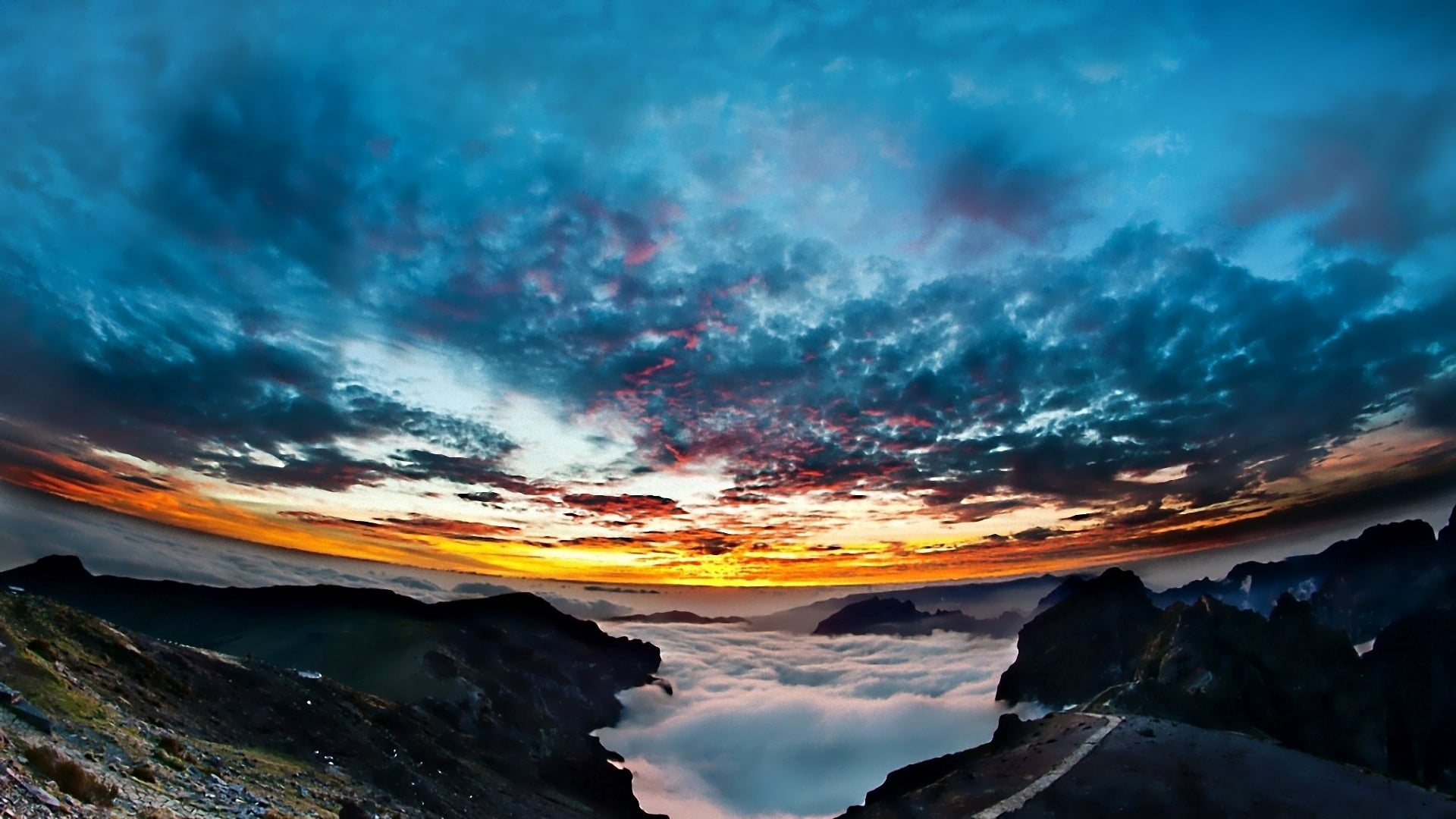 nature, non-urban scene, orange Color, storm, scenics - nature, summer, heaven, sunbeam, panorama, backgrounds, morning, blue, red, height, rock - Object, HD Wallpaper