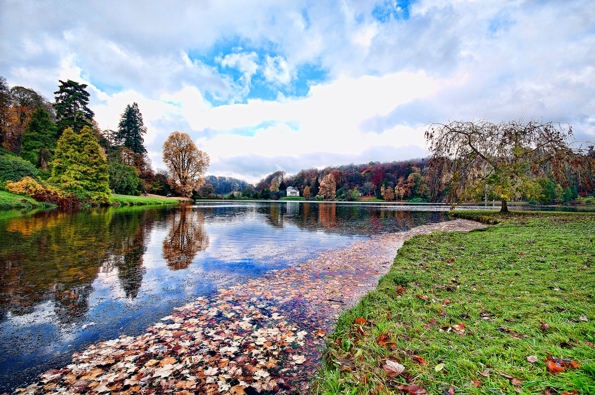 trees, day, lake, beauty in nature, no people, land, gazebo, park, 1080P, tranquility, sky, autumn, tree, tranquil scene, reflection, scenics - nature, HD Wallpaper