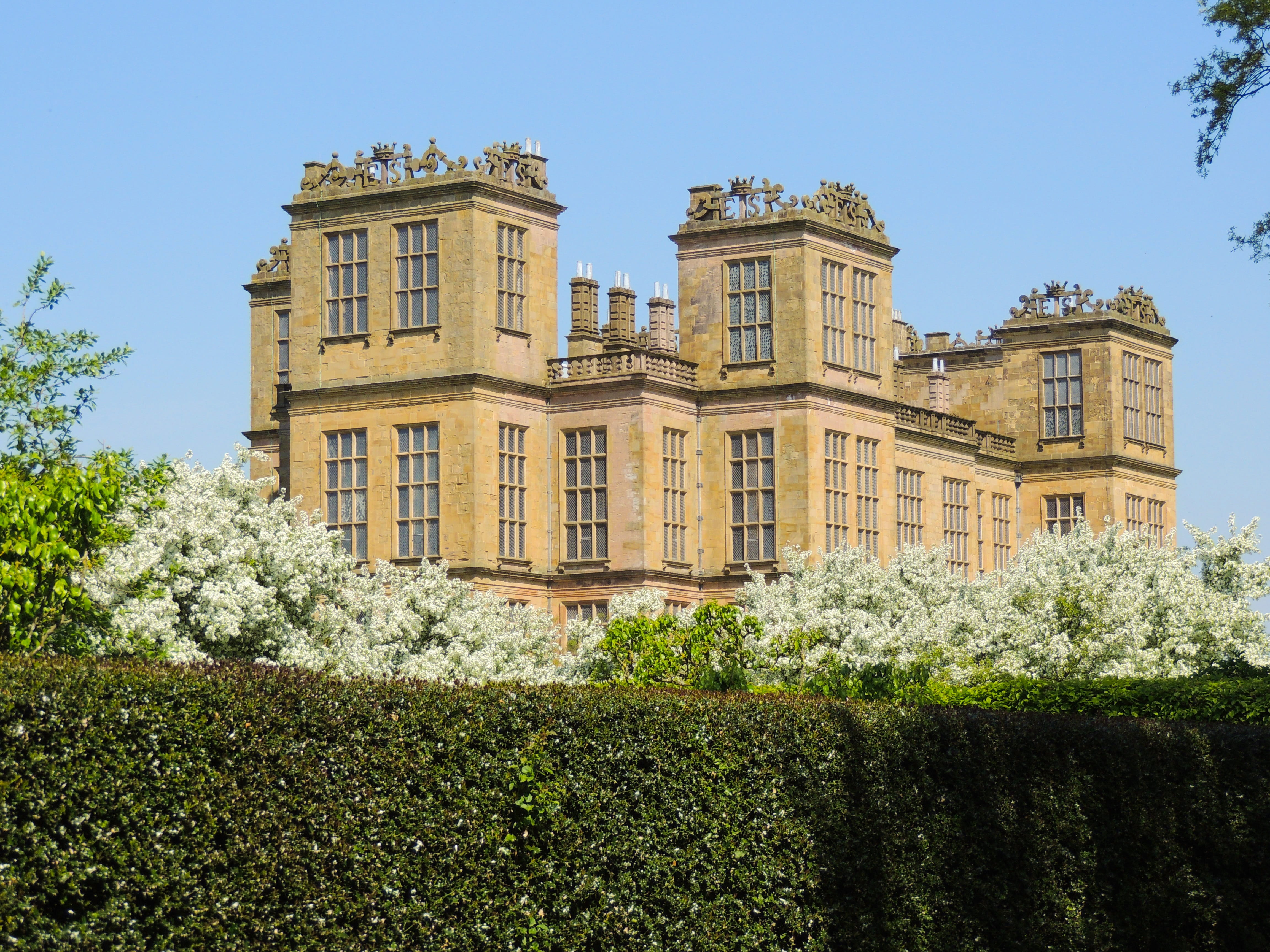 stately home, english, sunlight, built structure, history, sky, plant, hardwick hall, building, the past, outdoors, growth, low angle view, heritage, window, HD Wallpaper