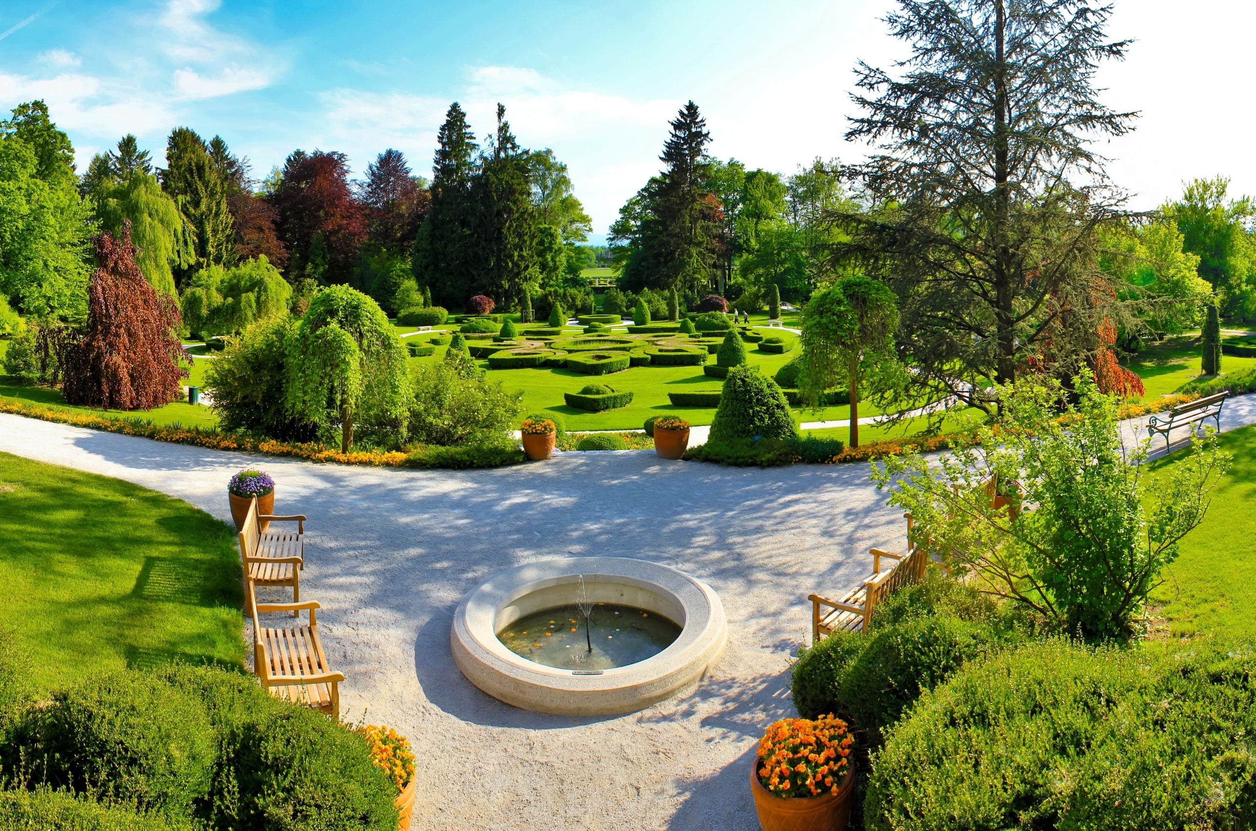 tranquility, stone Material, garden, brown, plant, architecture, day, history, park, nature, outdoors, 2K, landscaped, fountain, tourism, water, blue, HD Wallpaper