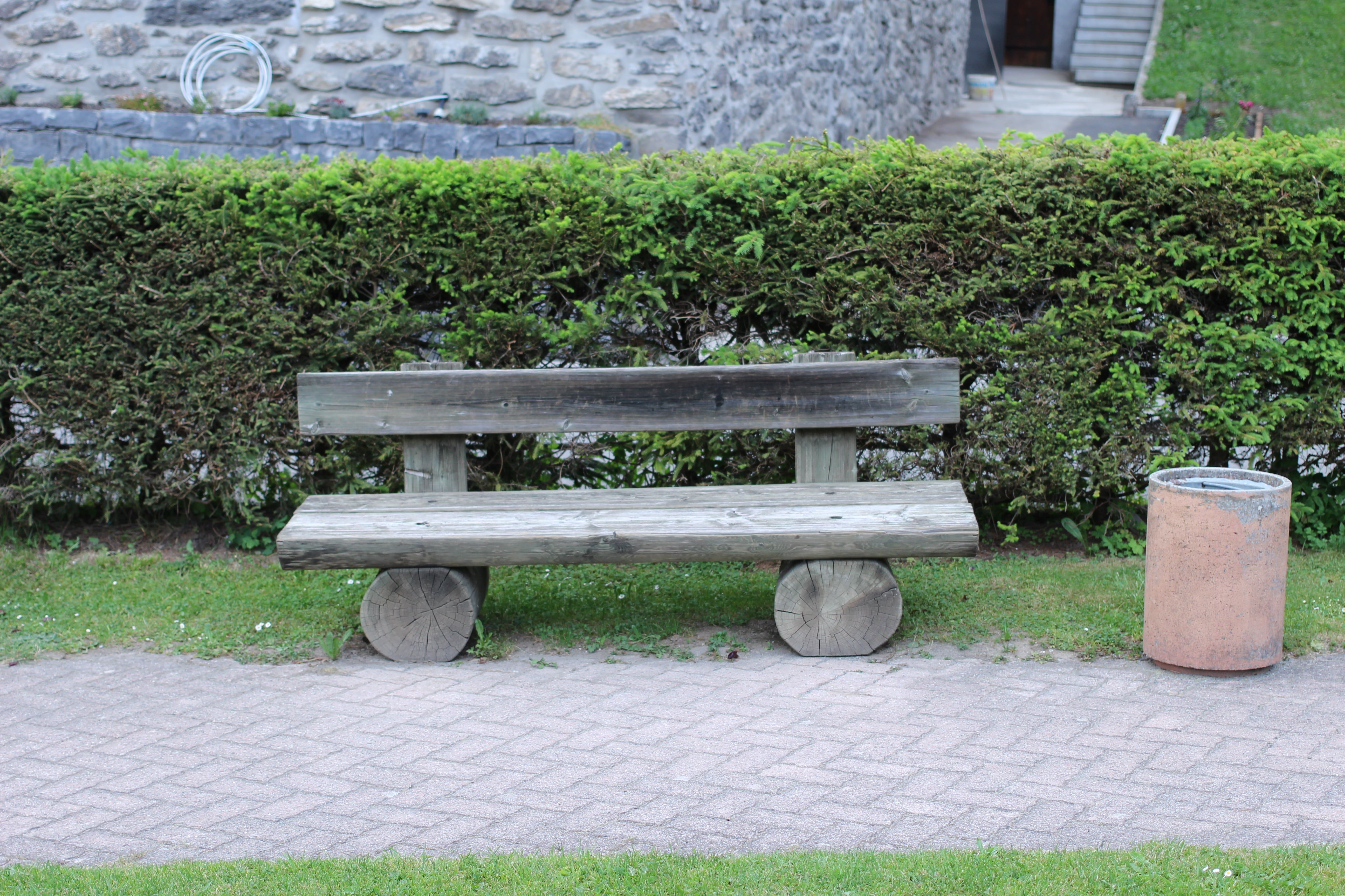 wood - material, empty, seat, stone, hedge, absence, garden, nature, stone wall, footpath, park - man made space, plant, paving stone, park bench, 5K, HD Wallpaper