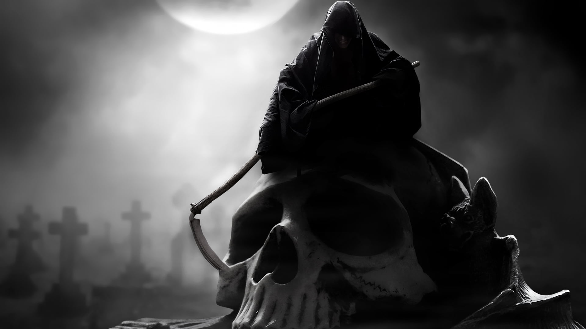 spirituality, history, gloomy, grim, hood, statue, the moon, horror, death, grave, monument, sky, representation, religion, illustration, 1080P, emotion, HD Wallpaper