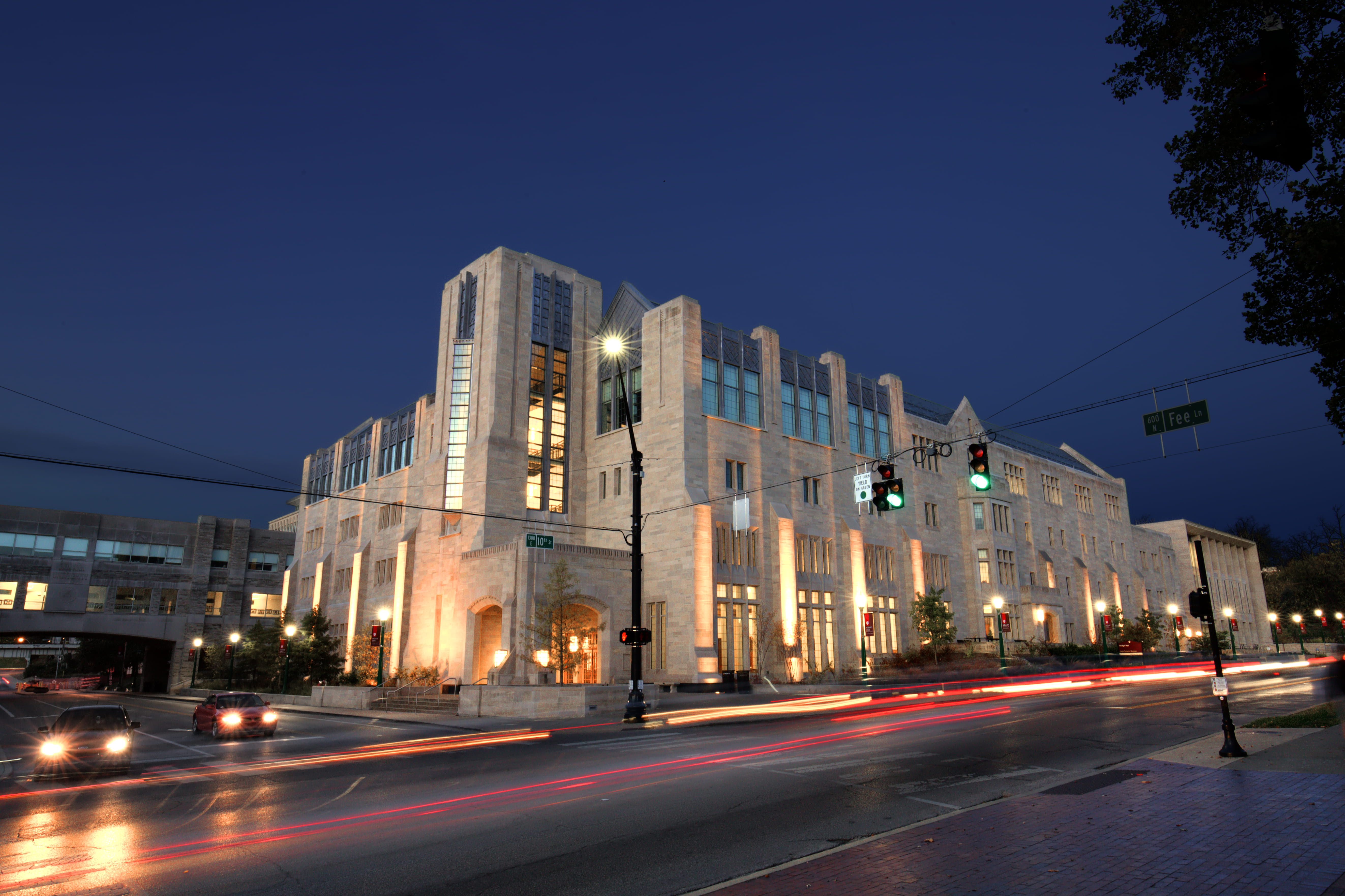 transportation, office building exterior, motion, architecture, speed, road, skyscraper, united states, sky, light, illuminated, city street, 5K, bloomington, HD Wallpaper