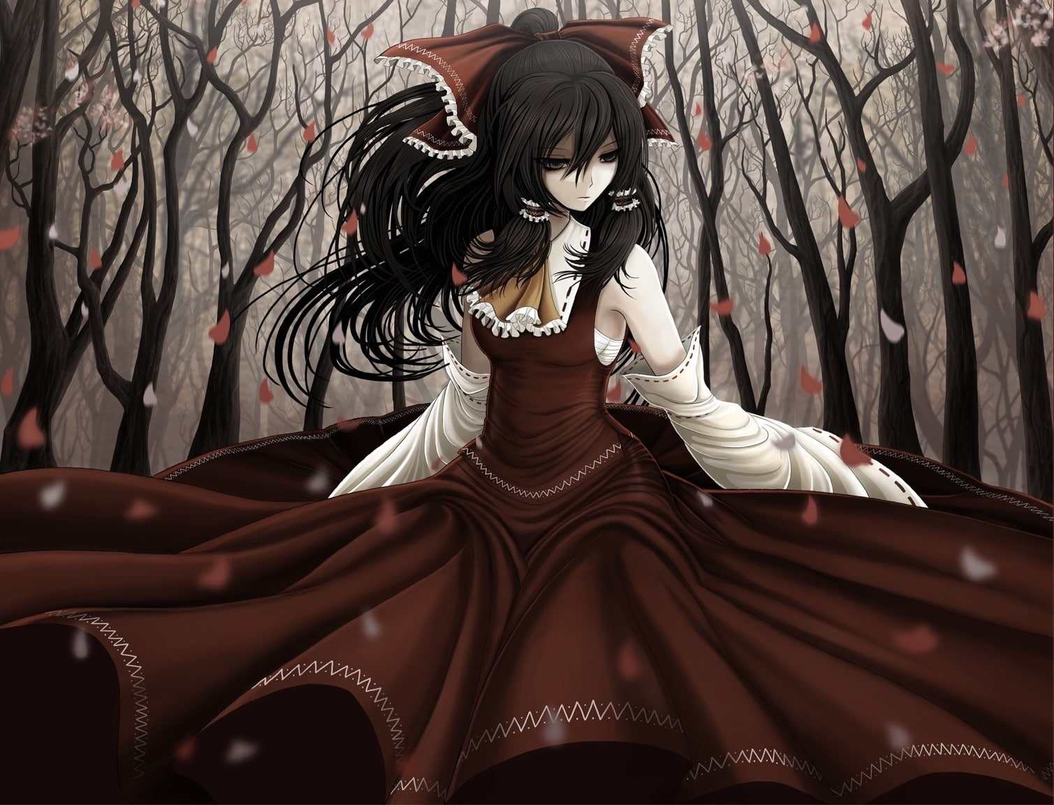 ponytails, trees, gothic, bows, ou, art, hd, hakurei, Touhou, 720P, miko, cherry, emo, reimu, maiden, brunettes, shrine, blossoms, HD Wallpaper