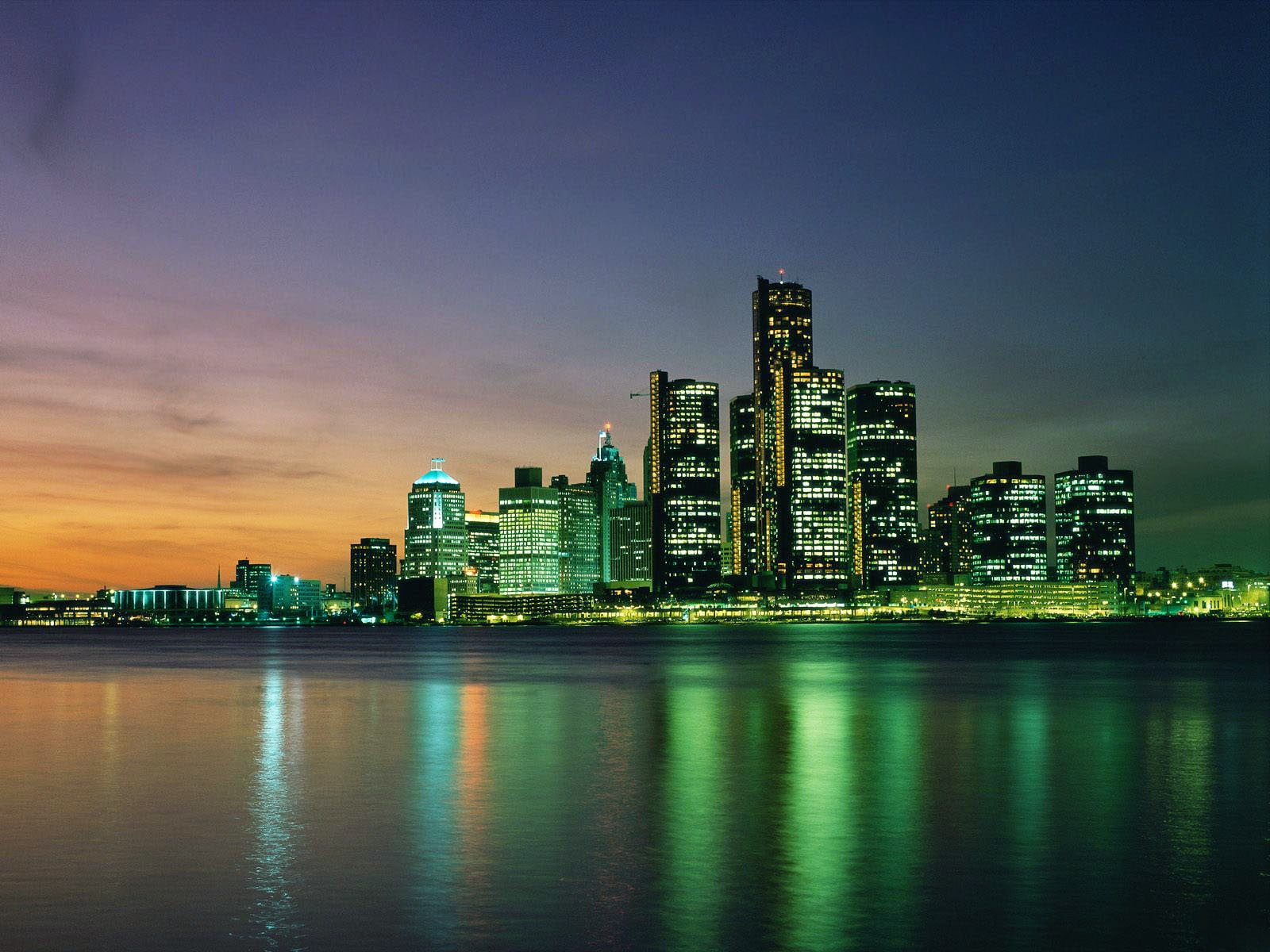 night, city, cityscape, lights, no people, landscape, Detroit, waterfront, 720P, built structure, building exterior, water, office building exterior, town, HD Wallpaper
