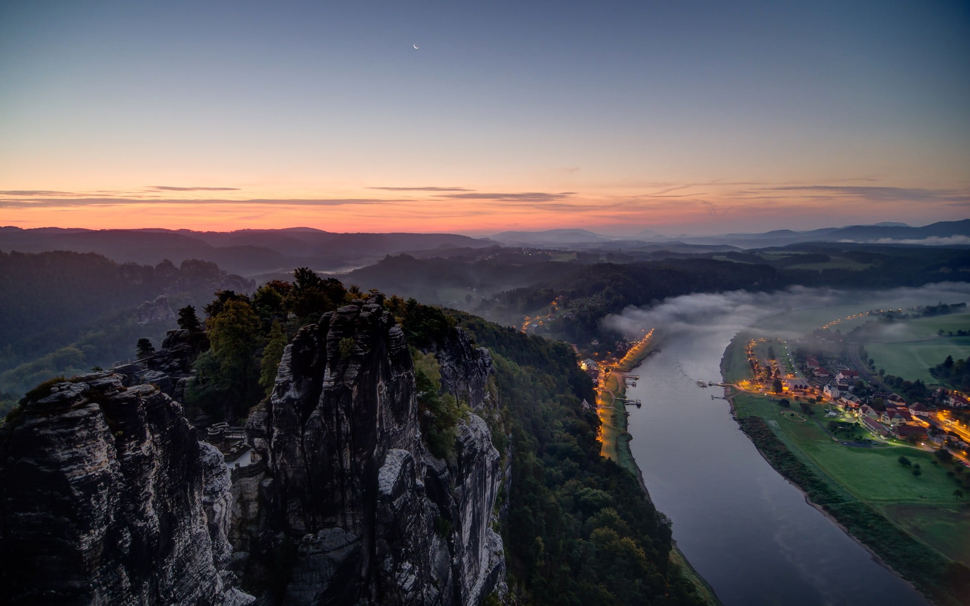 town, sky, rock, mist, idyllic, 1080P, mountain, river, sunset, trees, forest, mountains, green, outdoors, nature, non-urban scene, tree, environment, HD Wallpaper
