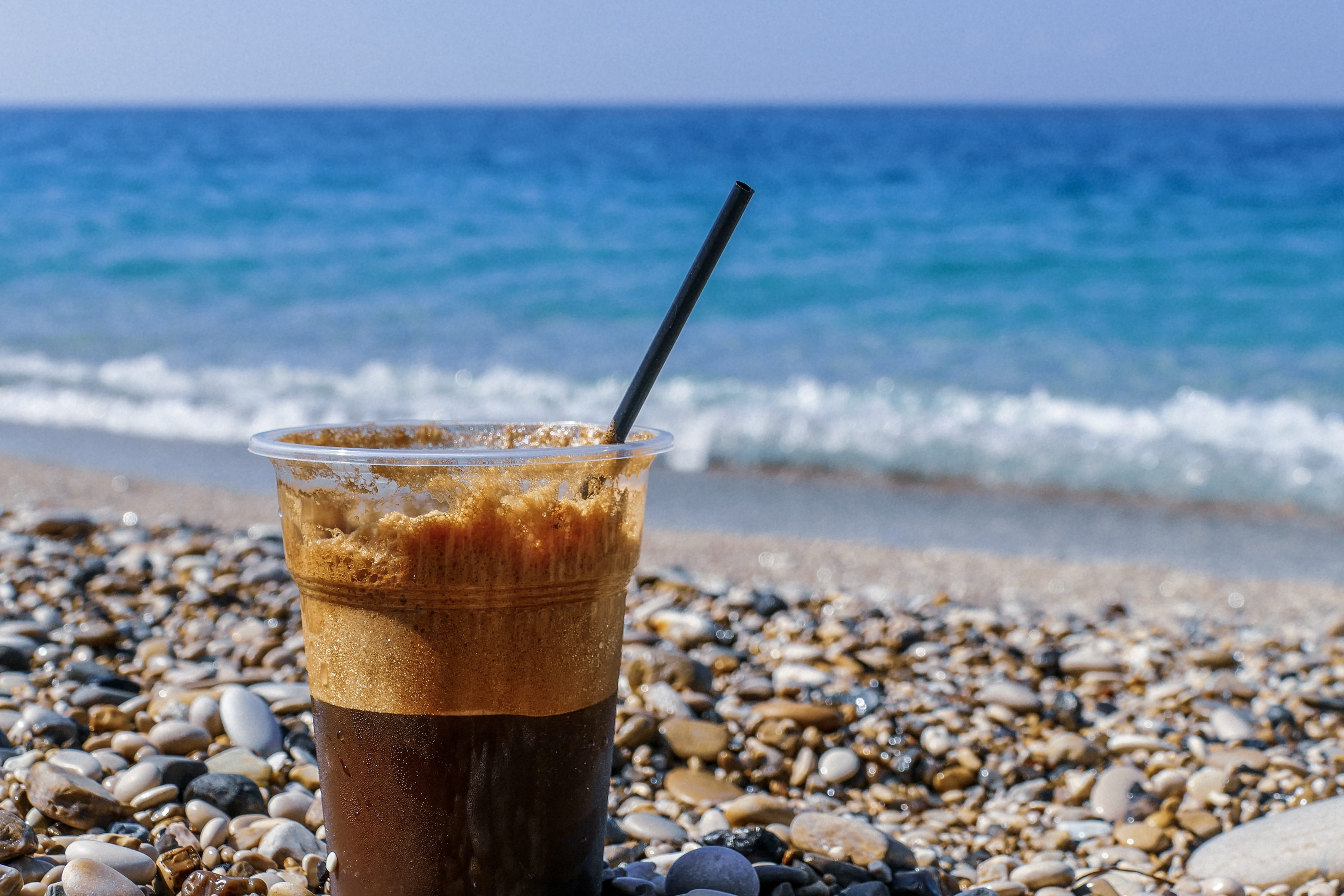 sky, cafe, water, rock, land, horizon over water, sea, drinking glass, glass, latte, summer, sun, food, horizon, relax, travel, coffee, close-up, vacation, HD Wallpaper
