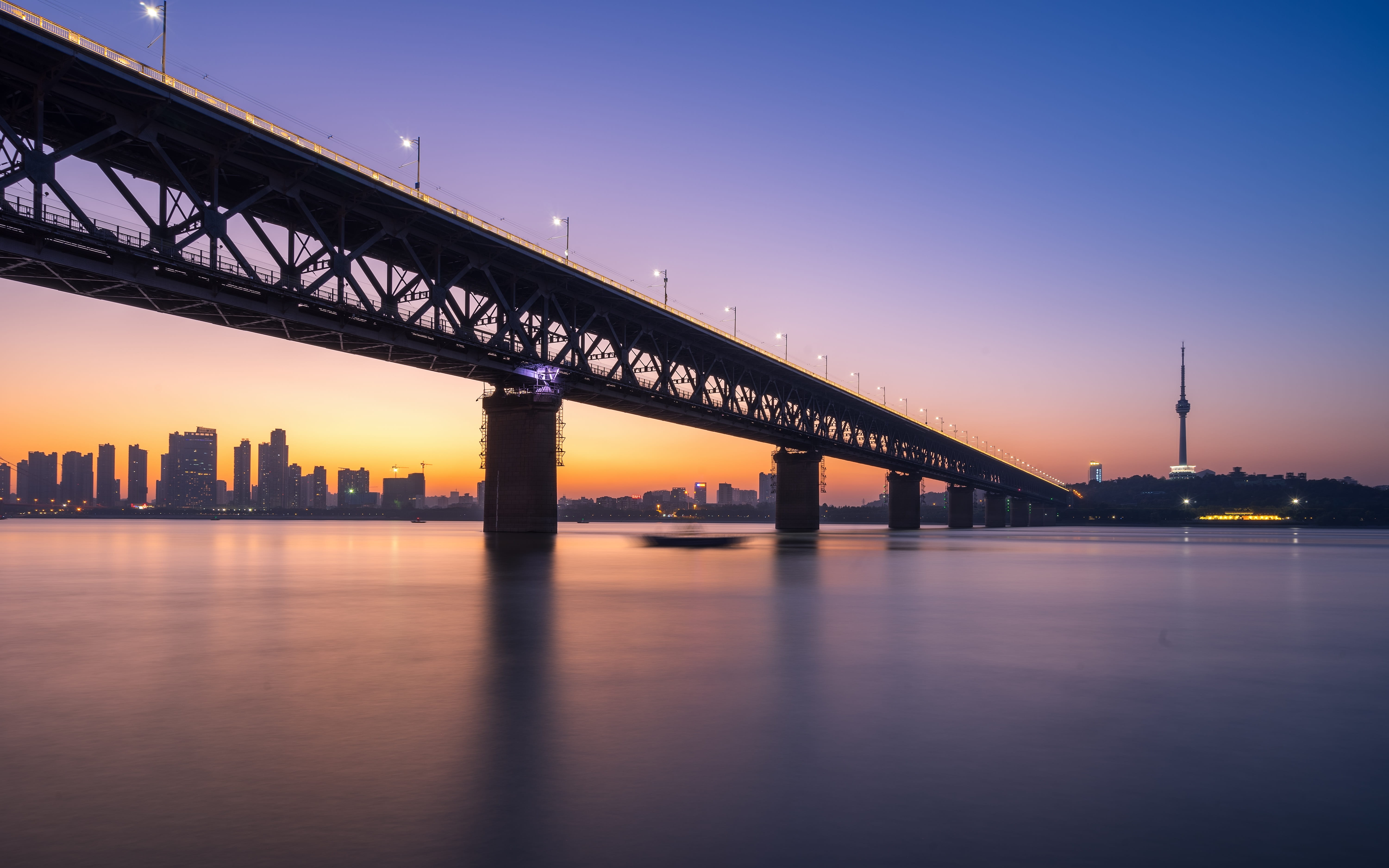 hanyang, 5K, skyscraper, outdoors, sky, wuchang, no people, wuhan yangtze river bridge, dusk, illuminated, river, night, connection, water, concrete, transportation, HD Wallpaper