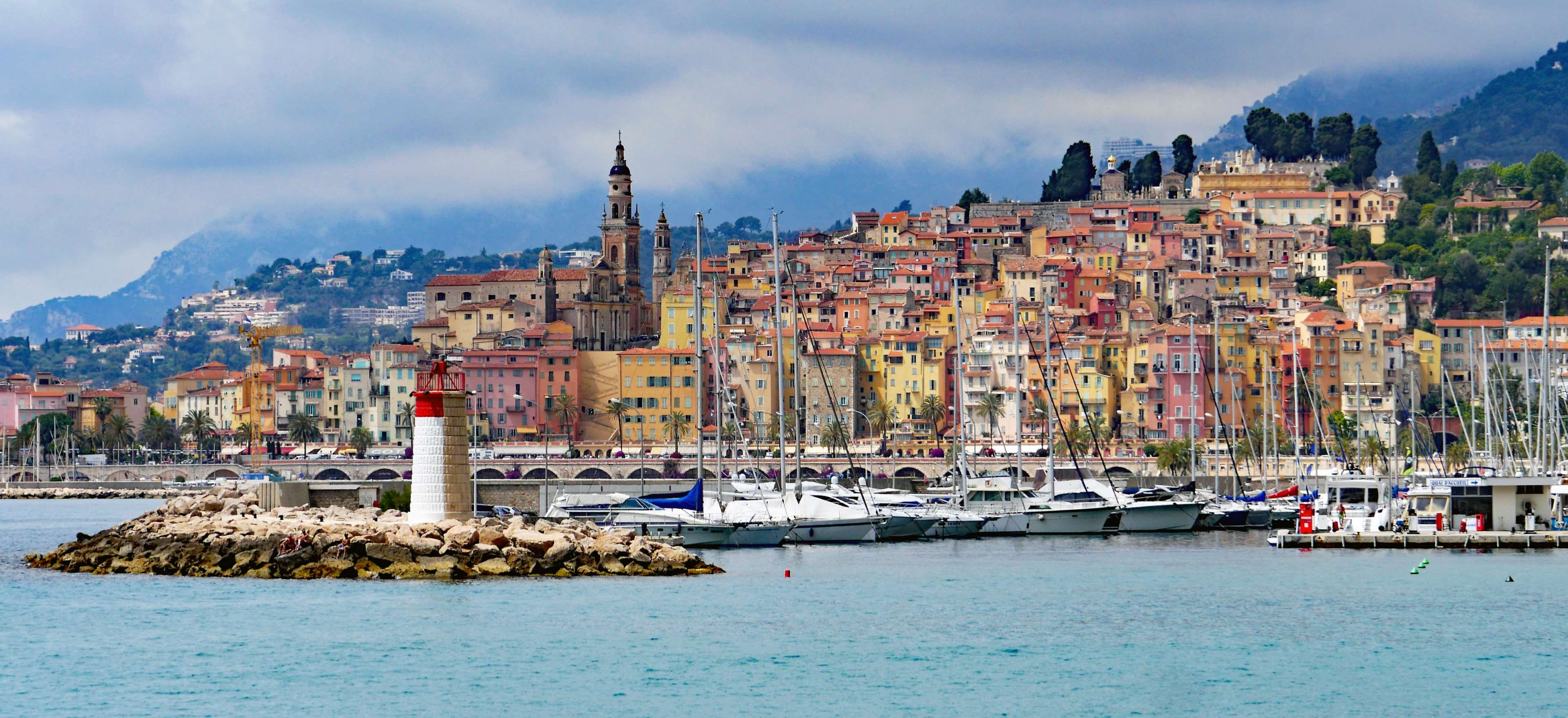 boats, france, building, buildings, beach, colorful, city, sky, nature, outdoors, city church, border, built structure, clouds, land, travel, mediterranean, HD Wallpaper