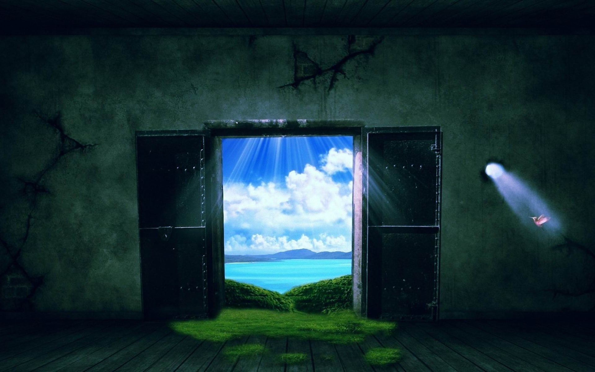 grass, glass - material, land, digital, plant, no people, scenics - nature, water, design, green color, architecture, body, night, door, towards, sea, mystery, HD Wallpaper