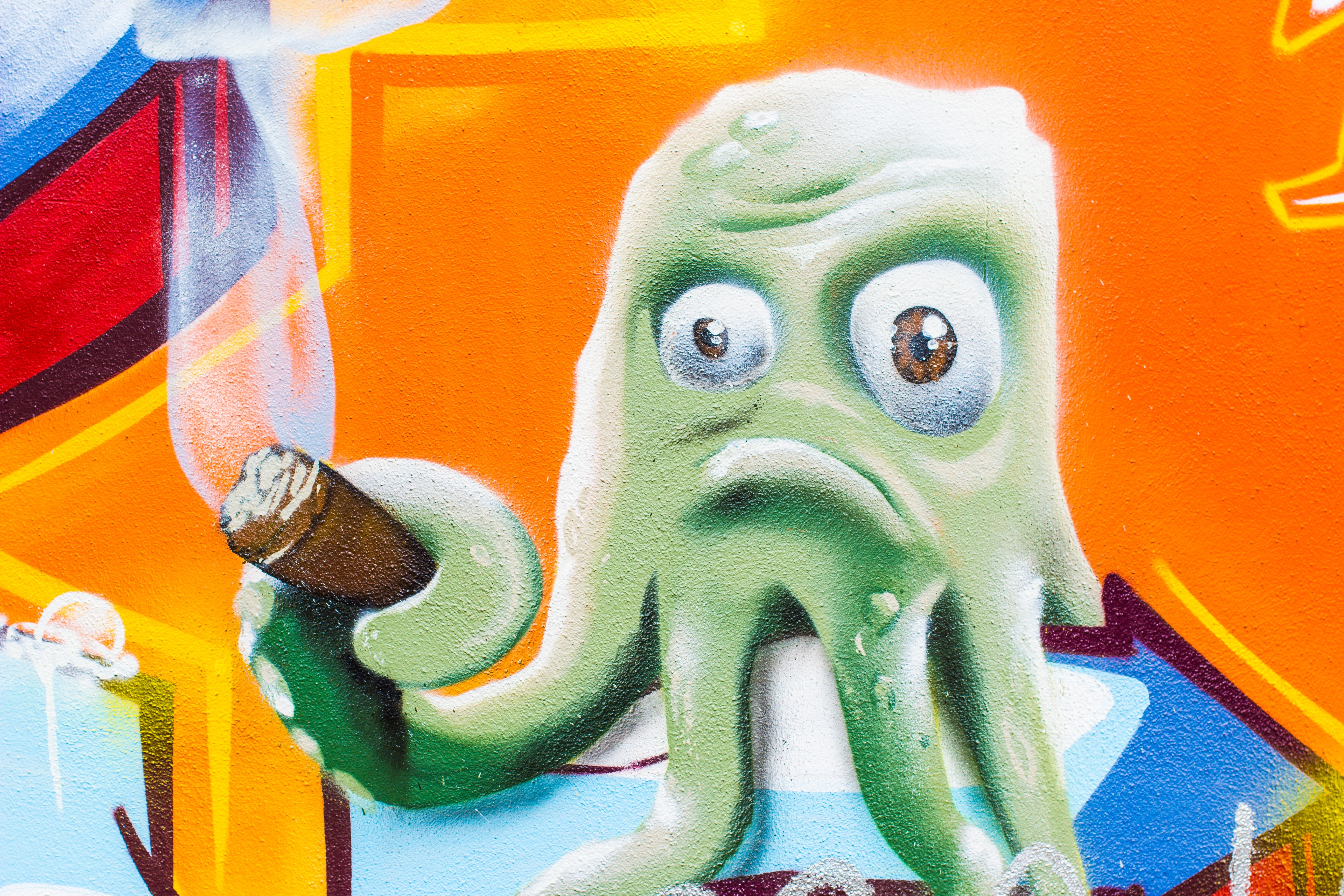urban art, street scene, animal representation, pest, facade, 5K, close-up, Orange, orange color, Cigar, day, mural, green, bad mood, painting, Nature, HD Wallpaper