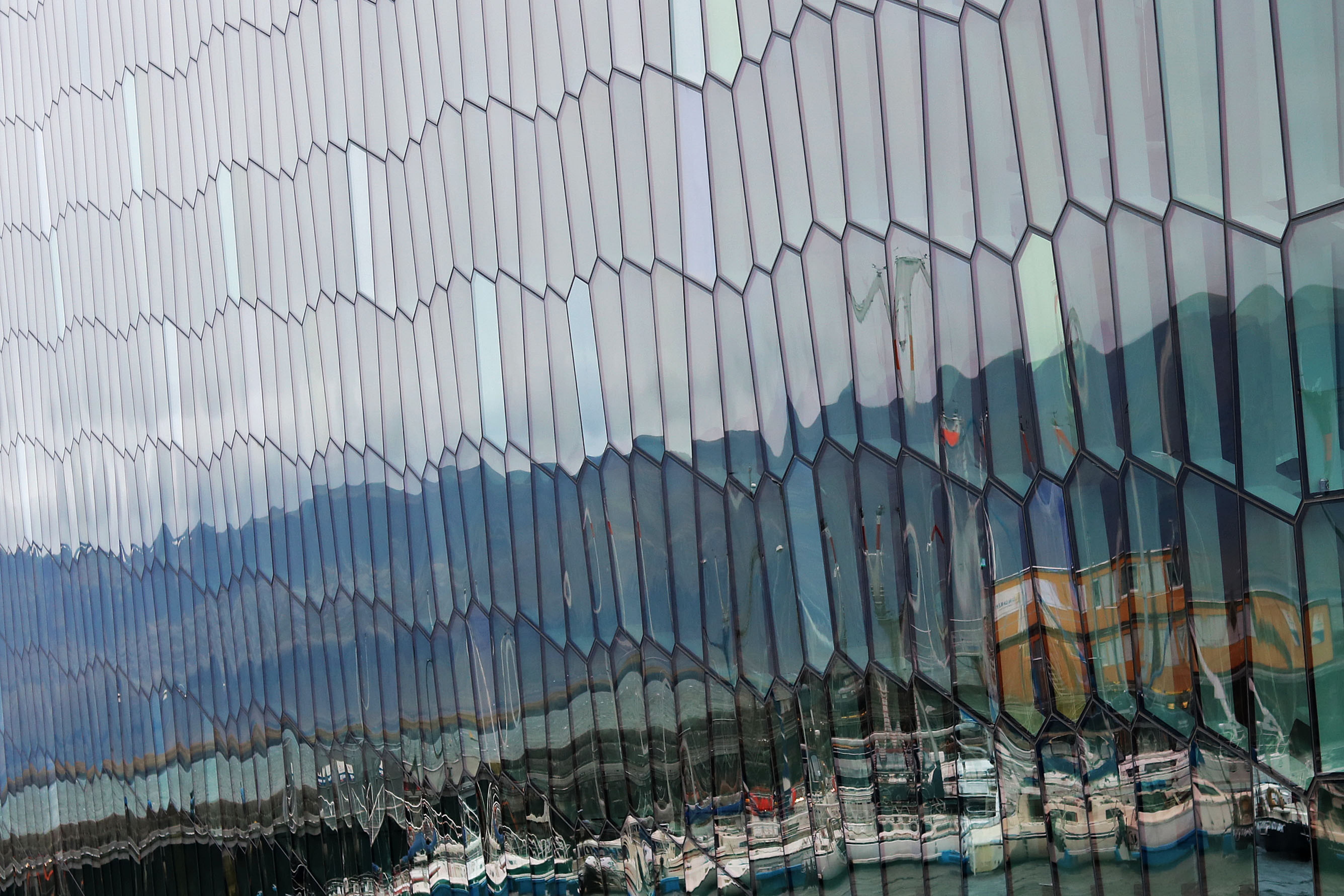 reflection, full frame, no people, outdoors, harpa, hexagons, mode of transportation, glass, transportation, boundary, 5K, city, iceland, barrier, building, HD Wallpaper