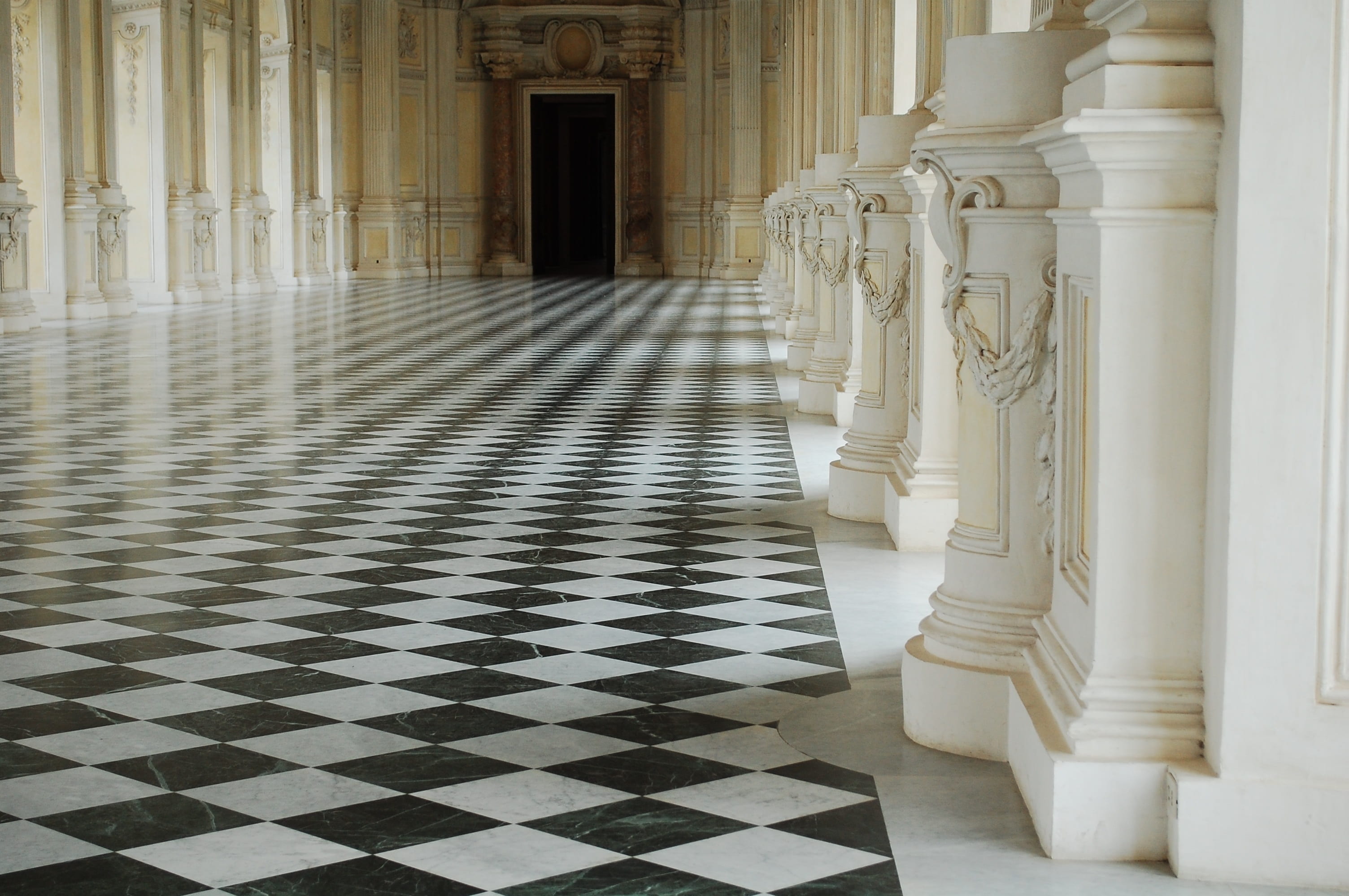 spirituality, the past, floor, building, luxury, history, corridor, white, classical style, no people, white color, indoors, religion, venaria reale, 2K, HD Wallpaper