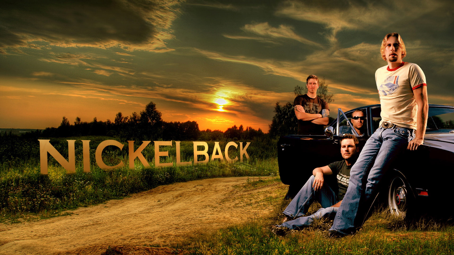 mode of transportation, 1080P, America, group of people, leisure activity, cloud - sky, sunset, women, plant, young adult, field, text, nickelback, sky, HD Wallpaper