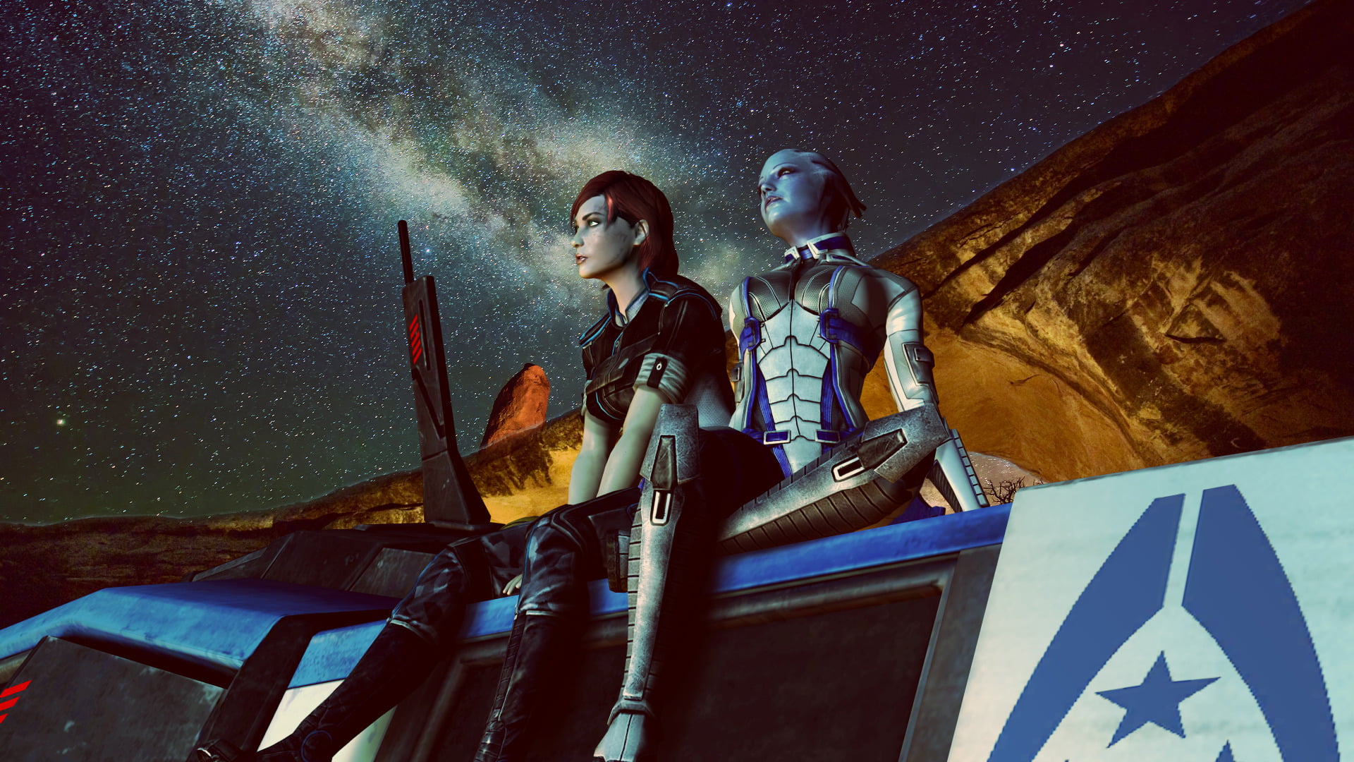 two people, astronomy, lifestyles, nature, real people, space, togetherness, people, men, architecture, night, Liara TSoni, Commander Shepard, standing, HD Wallpaper