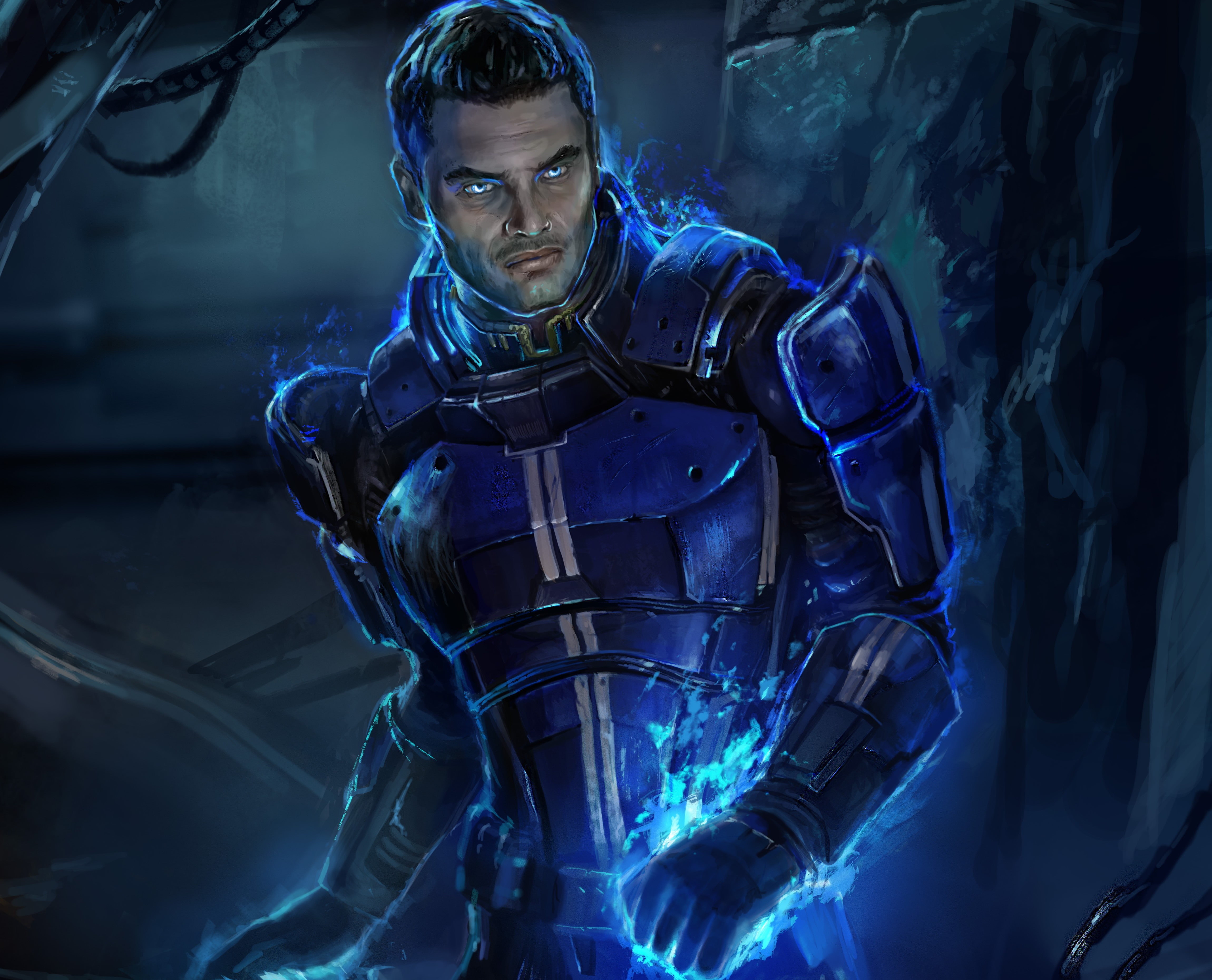 Kaidan Alenka, wearing, armor, digital, Mass Effect, blue, man, male, the wreckage, art, white, DuneChampion, 4K, HD Wallpaper