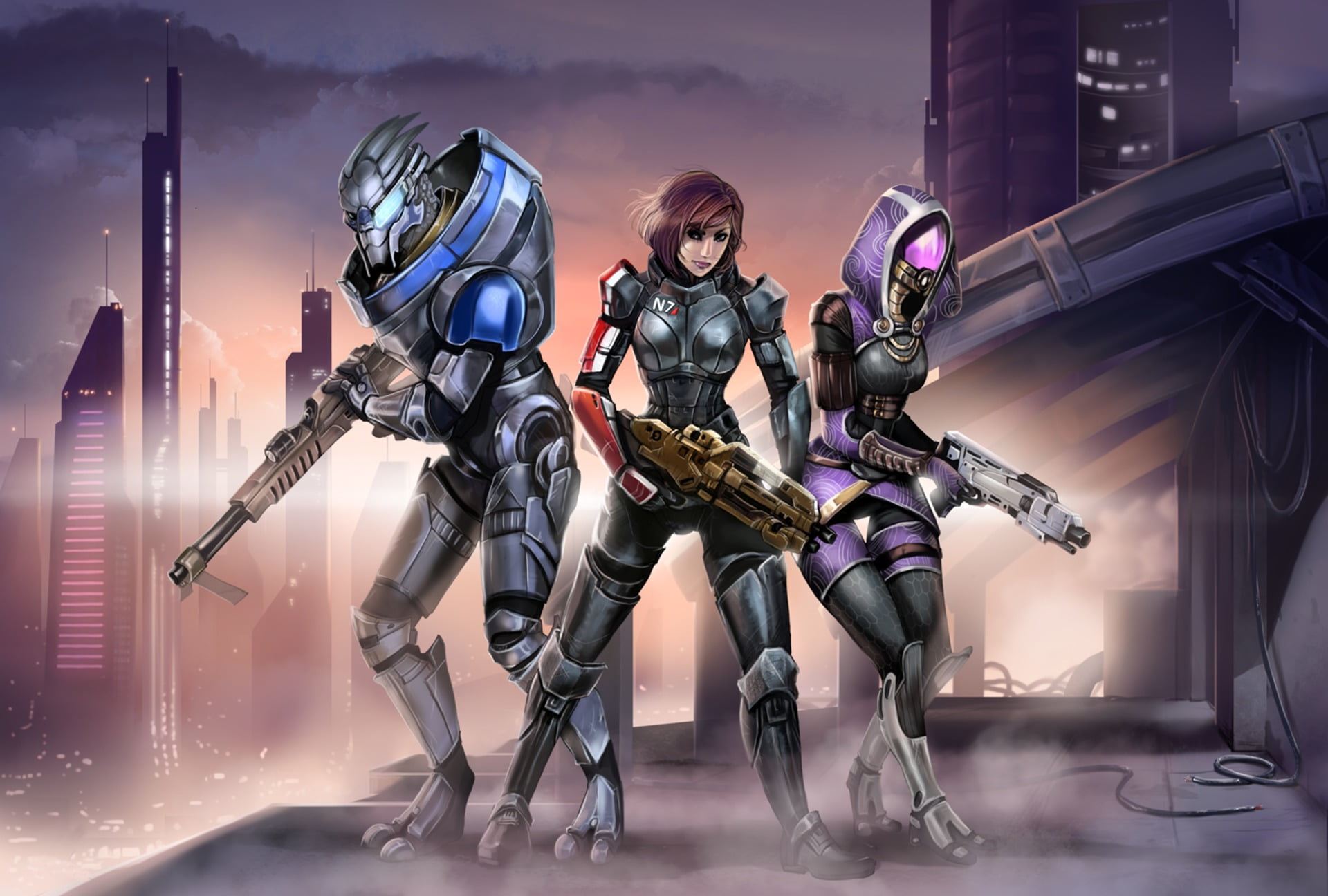 holding, wearing, representation, shepard, weapon, real people, Garrus Vakarian, architecture, futuristic, city, tali, three, persons, built structure, HD Wallpaper