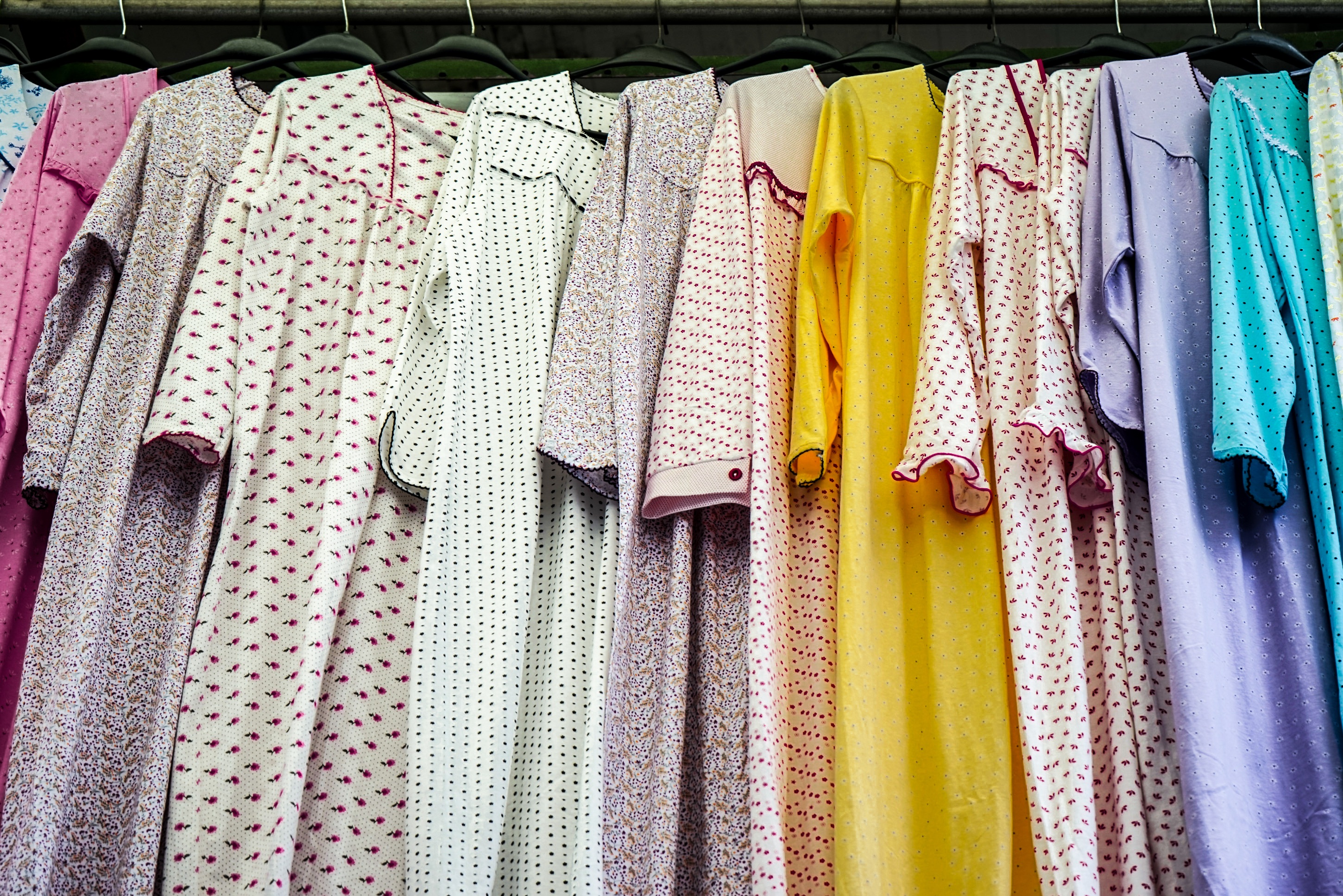 sleepwear, goods, hanging, cotton night shirt, woman, matron, buy, store, retail, close-up, retail display, multi colored, nightdress, market, business, HD Wallpaper